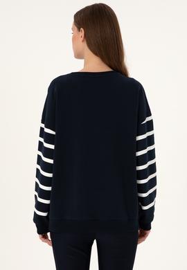 Kadın Lacivert Çizgili Bisiklet Yaka Sweatshirt - 50297279006