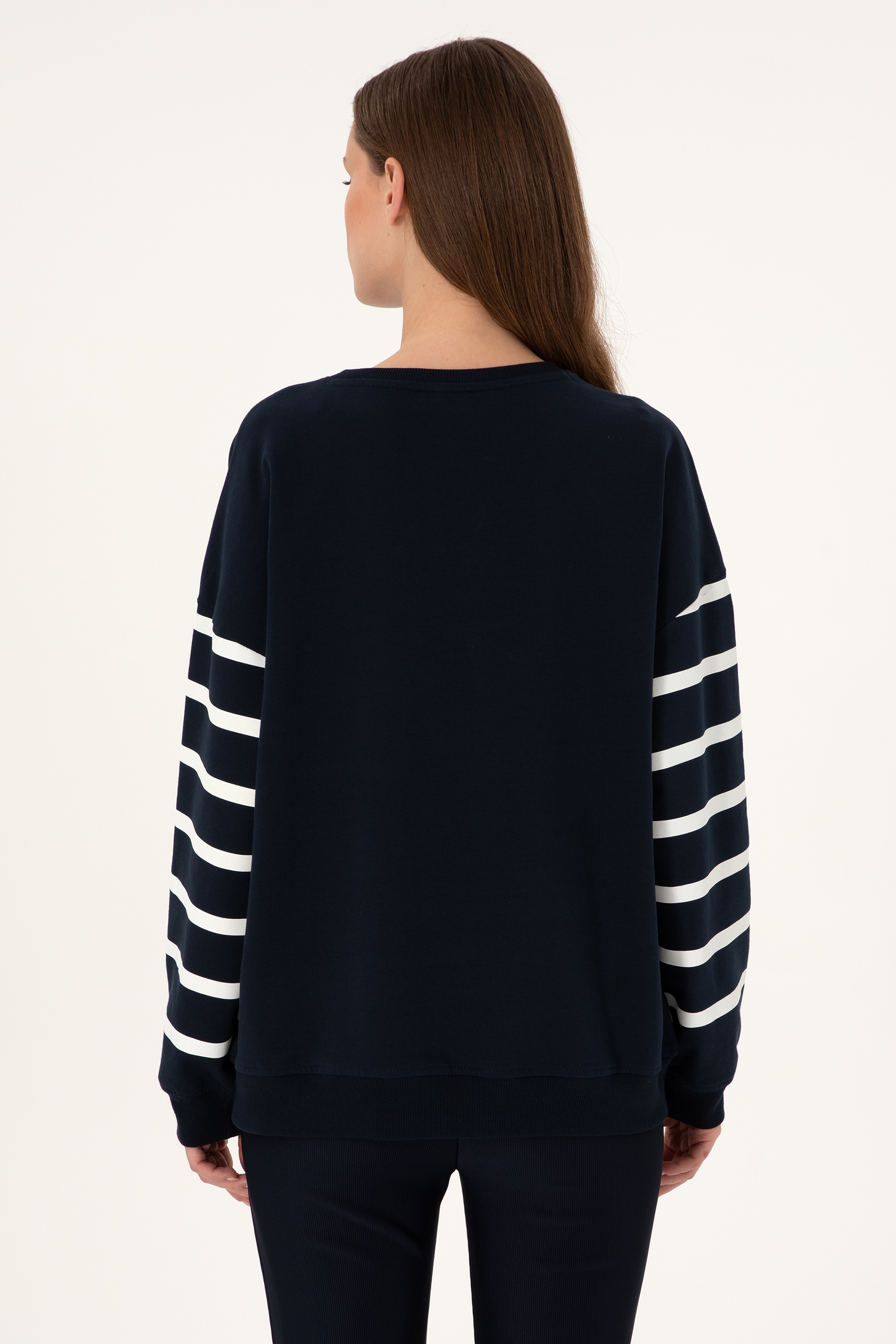 Kadın Lacivert Çizgili Bisiklet Yaka Sweatshirt - Image 5
