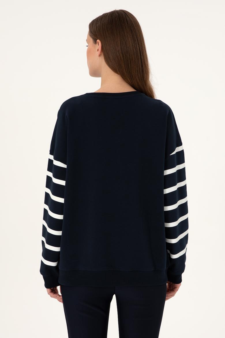 Kadın Lacivert Çizgili Bisiklet Yaka Sweatshirt - 50297279006