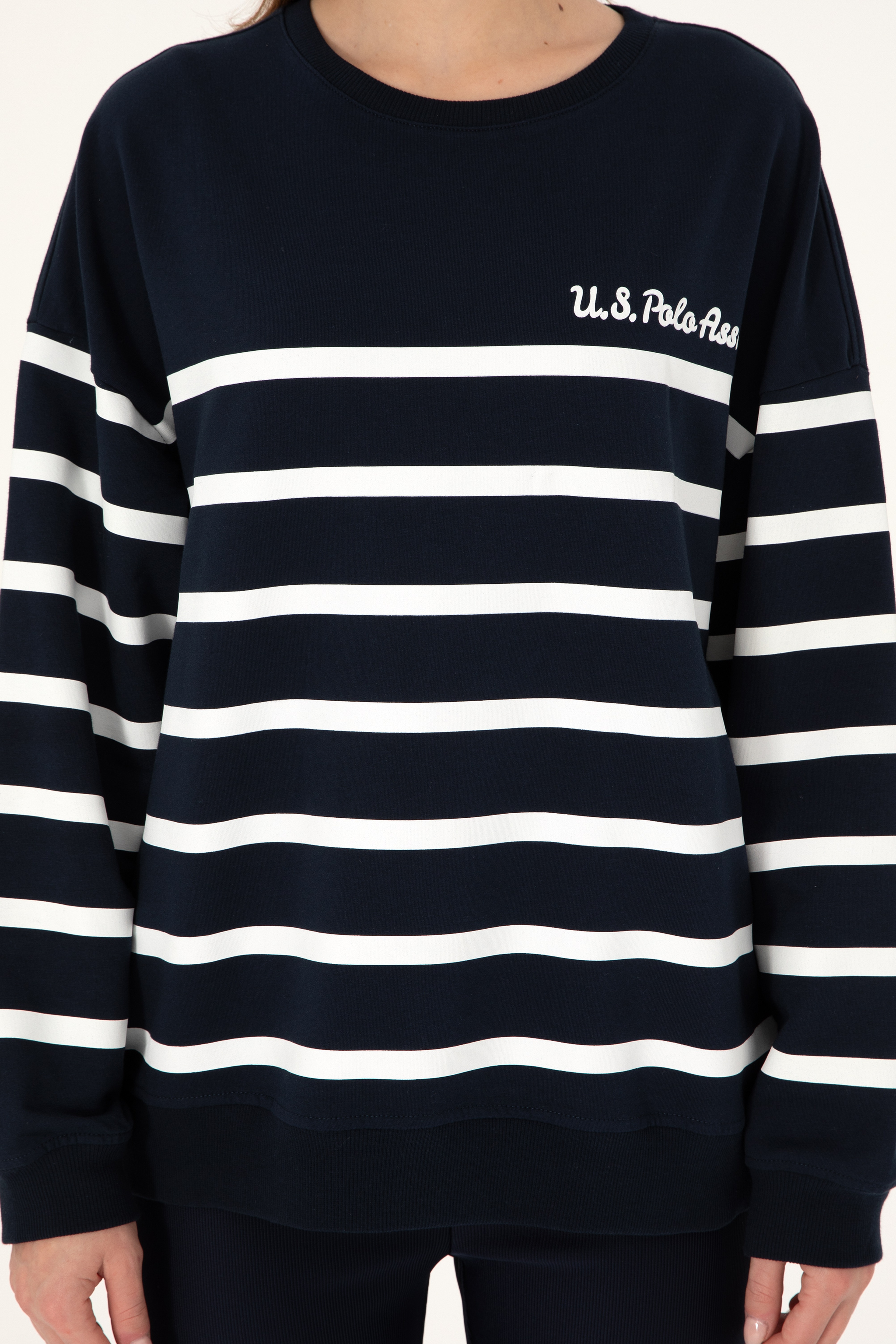 Kadın Lacivert Çizgili Bisiklet Yaka Sweatshirt - Image 6