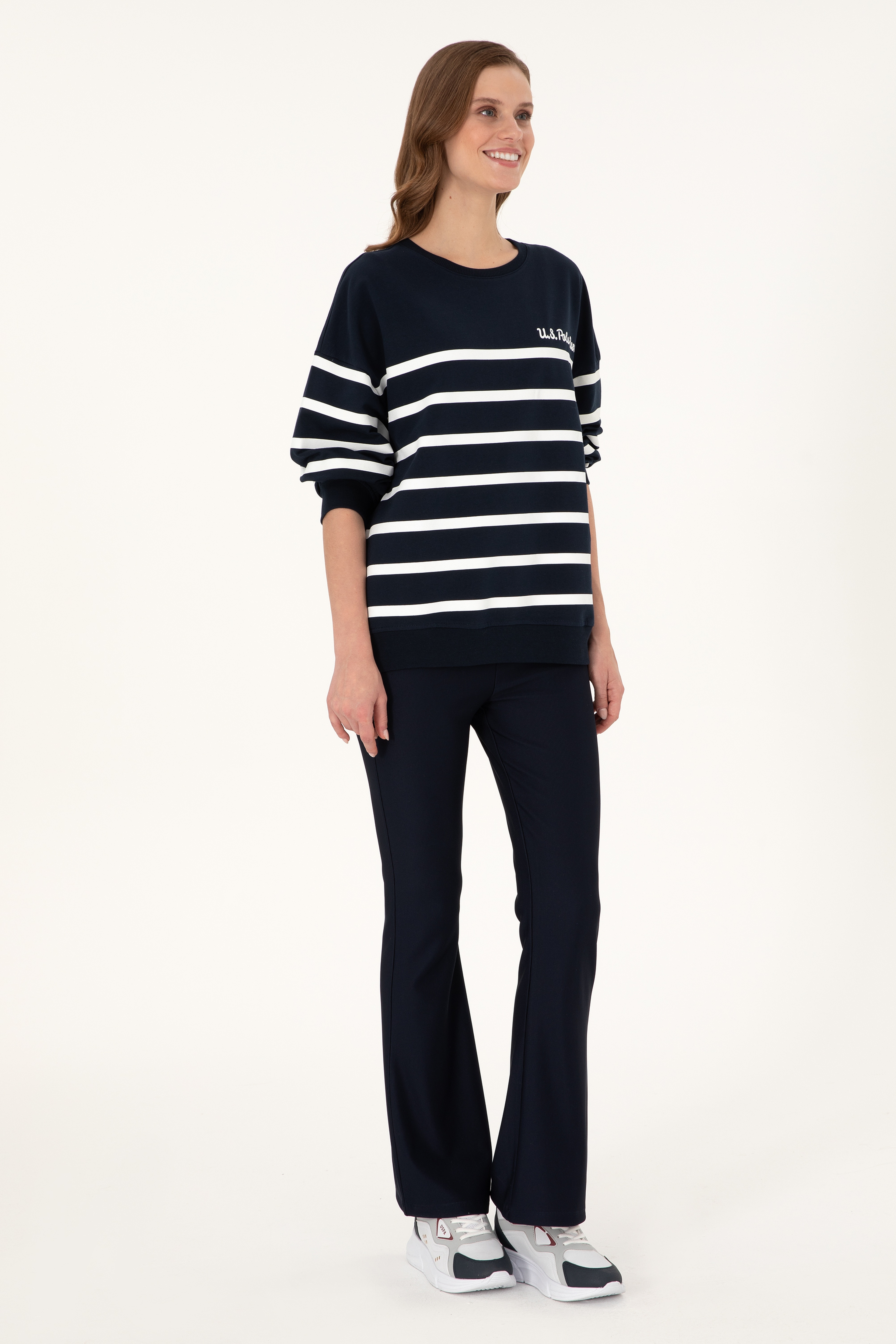Kadın Lacivert Çizgili Bisiklet Yaka Sweatshirt - Image 4