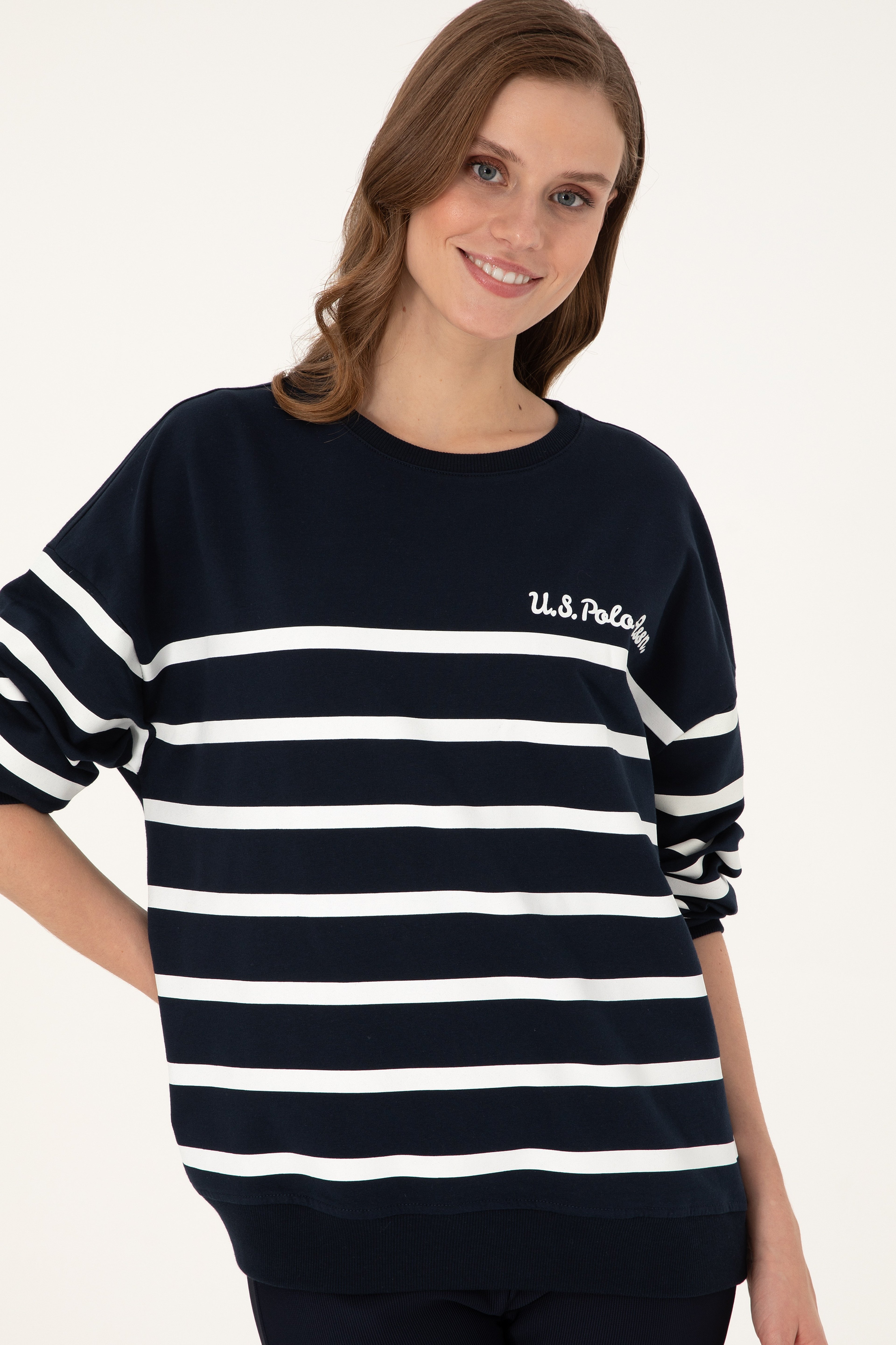 Kadın Lacivert Çizgili Bisiklet Yaka Sweatshirt - Image 3