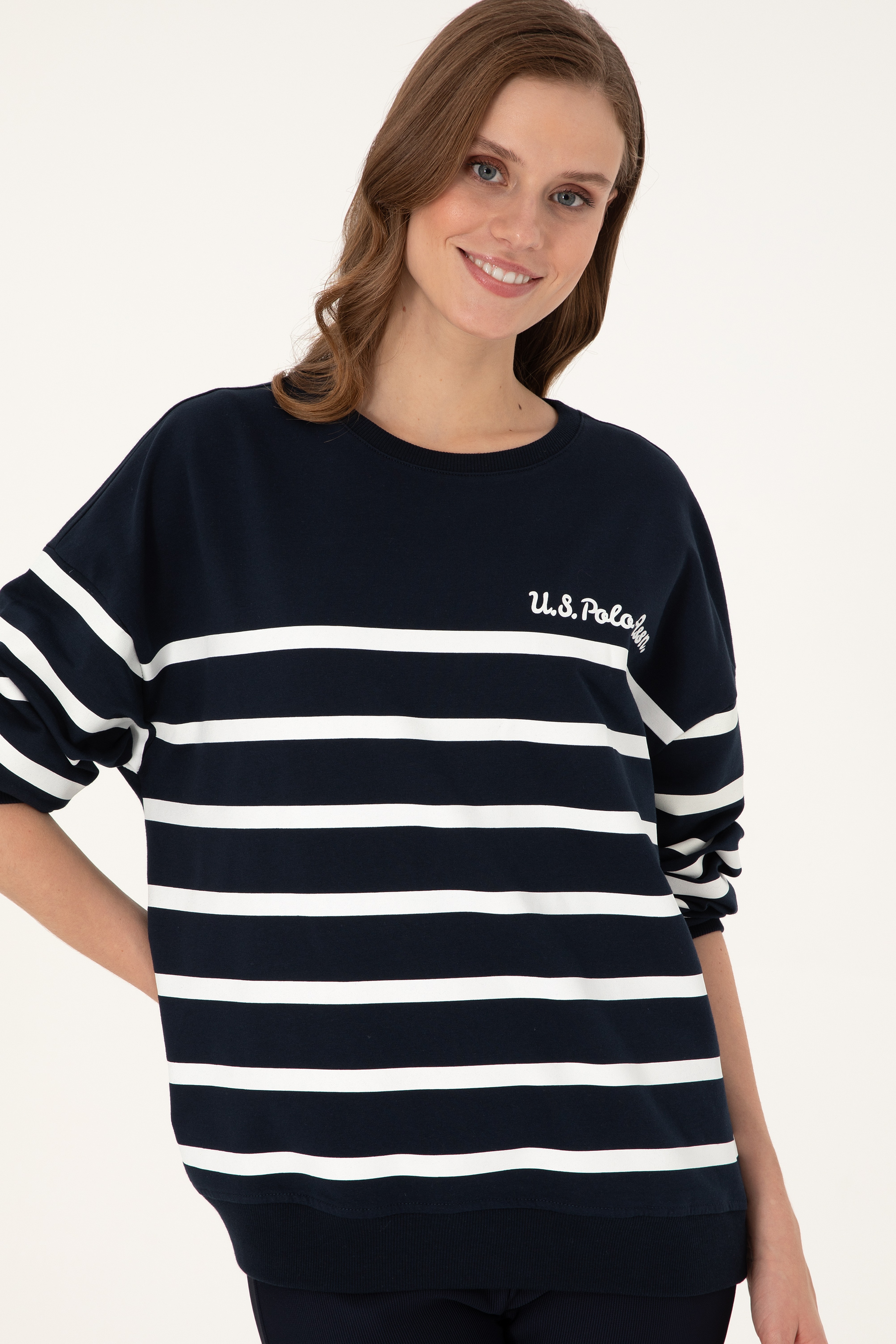 Kadın Lacivert Çizgili Bisiklet Yaka Sweatshirt
