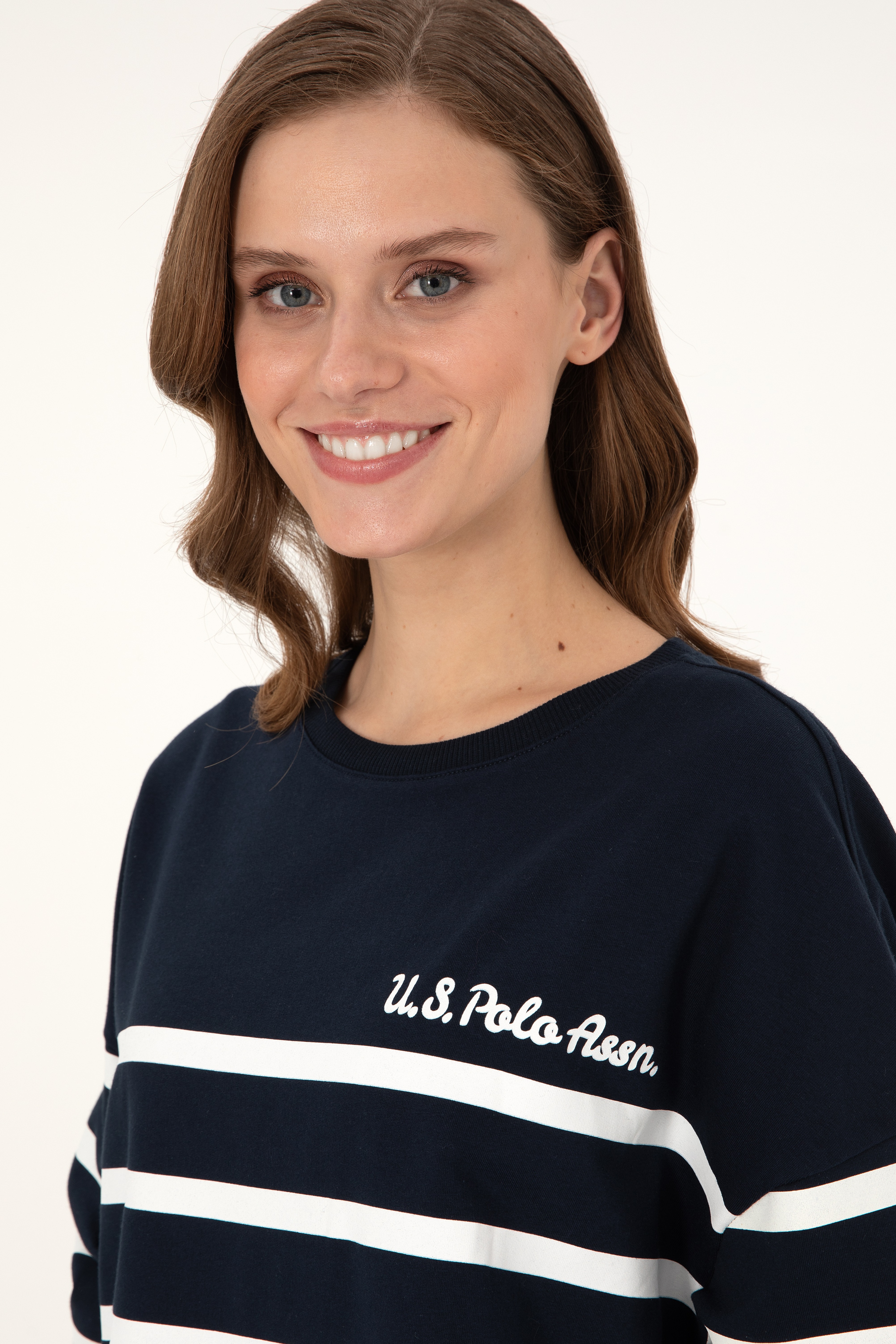 Kadın Lacivert Çizgili Bisiklet Yaka Sweatshirt - Image 2