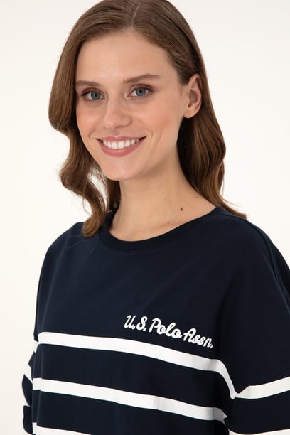 Kadın Lacivert Çizgili Bisiklet Yaka Sweatshirt