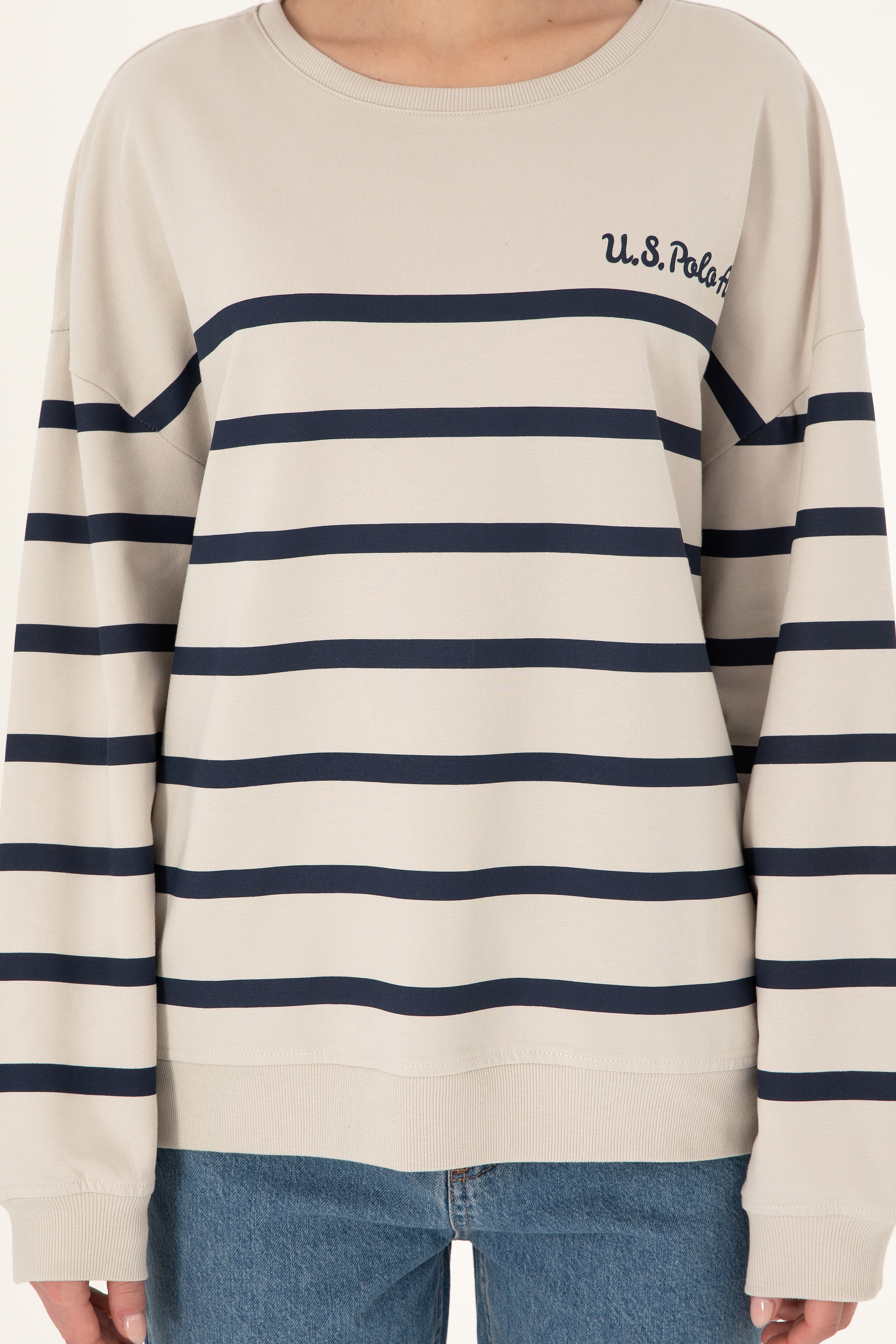 Kadın Taş Çizgili Bisiklet Yaka Sweatshirt - Image 6