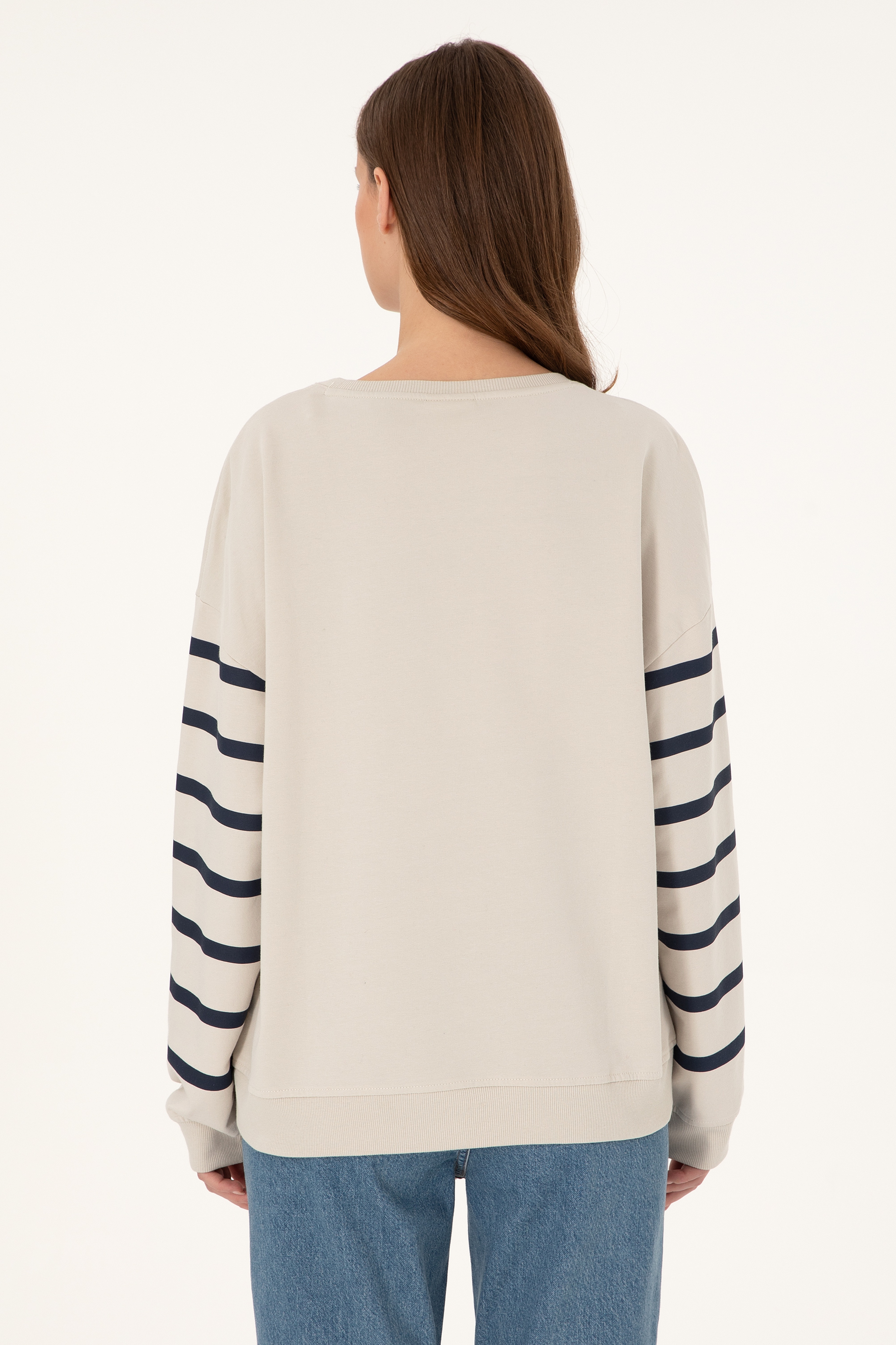 Kadın Taş Çizgili Bisiklet Yaka Sweatshirt - Image 5