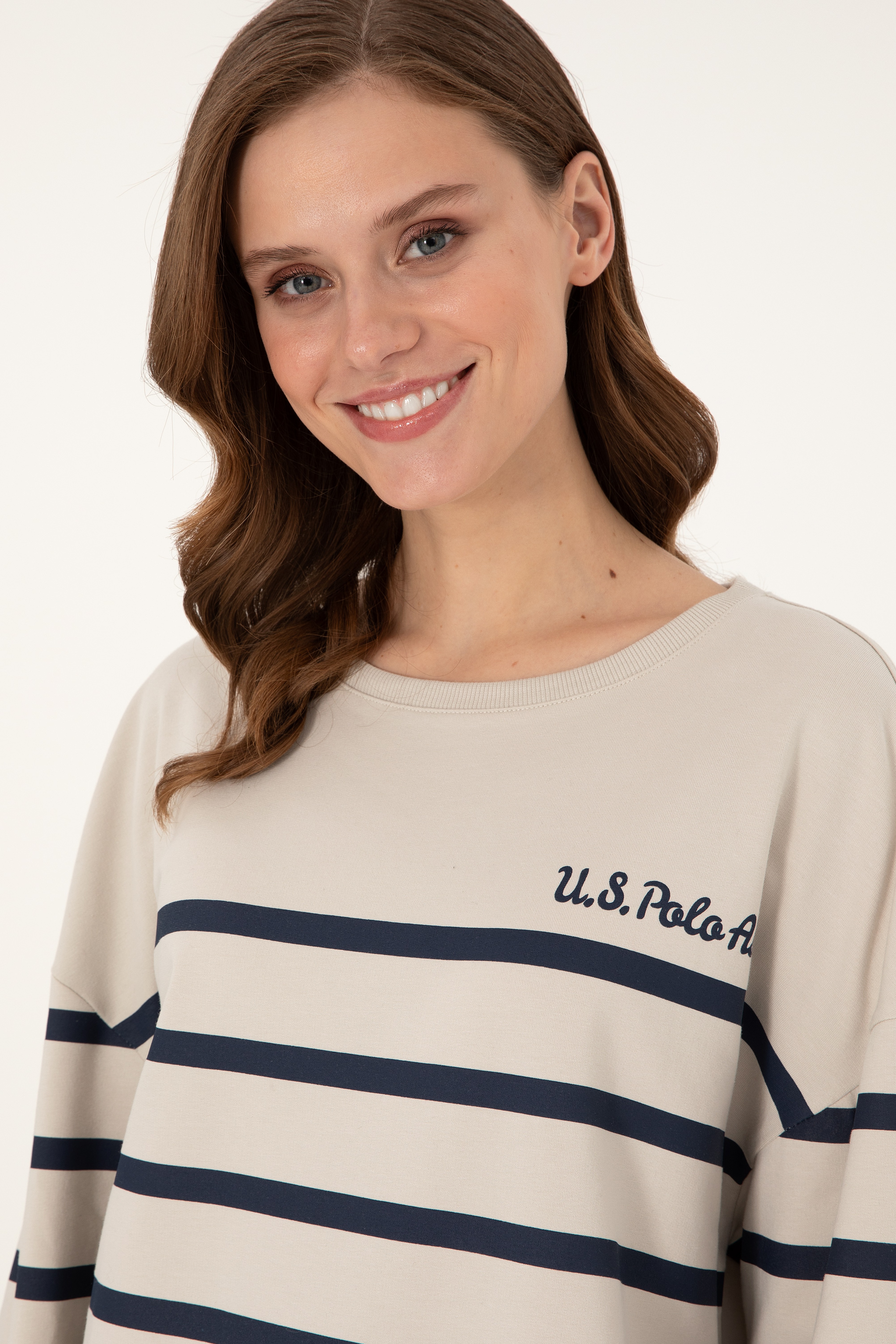 Kadın Taş Çizgili Bisiklet Yaka Sweatshirt - Image 2