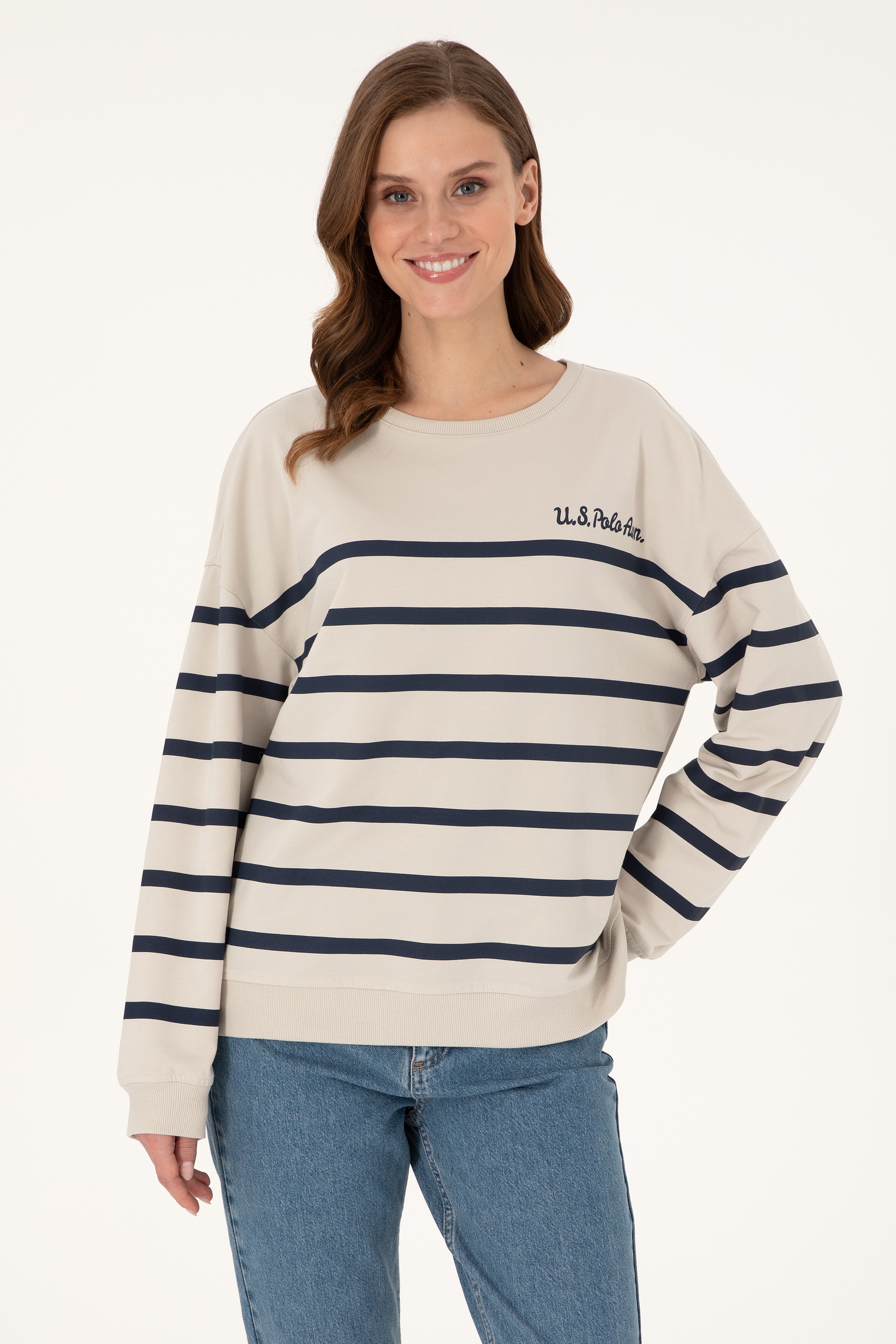 Kadın Taş Çizgili Bisiklet Yaka Sweatshirt - Image 1