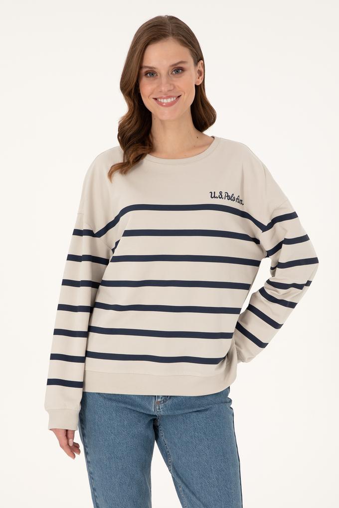 Kadın Taş Çizgili Bisiklet Yaka Sweatshirt