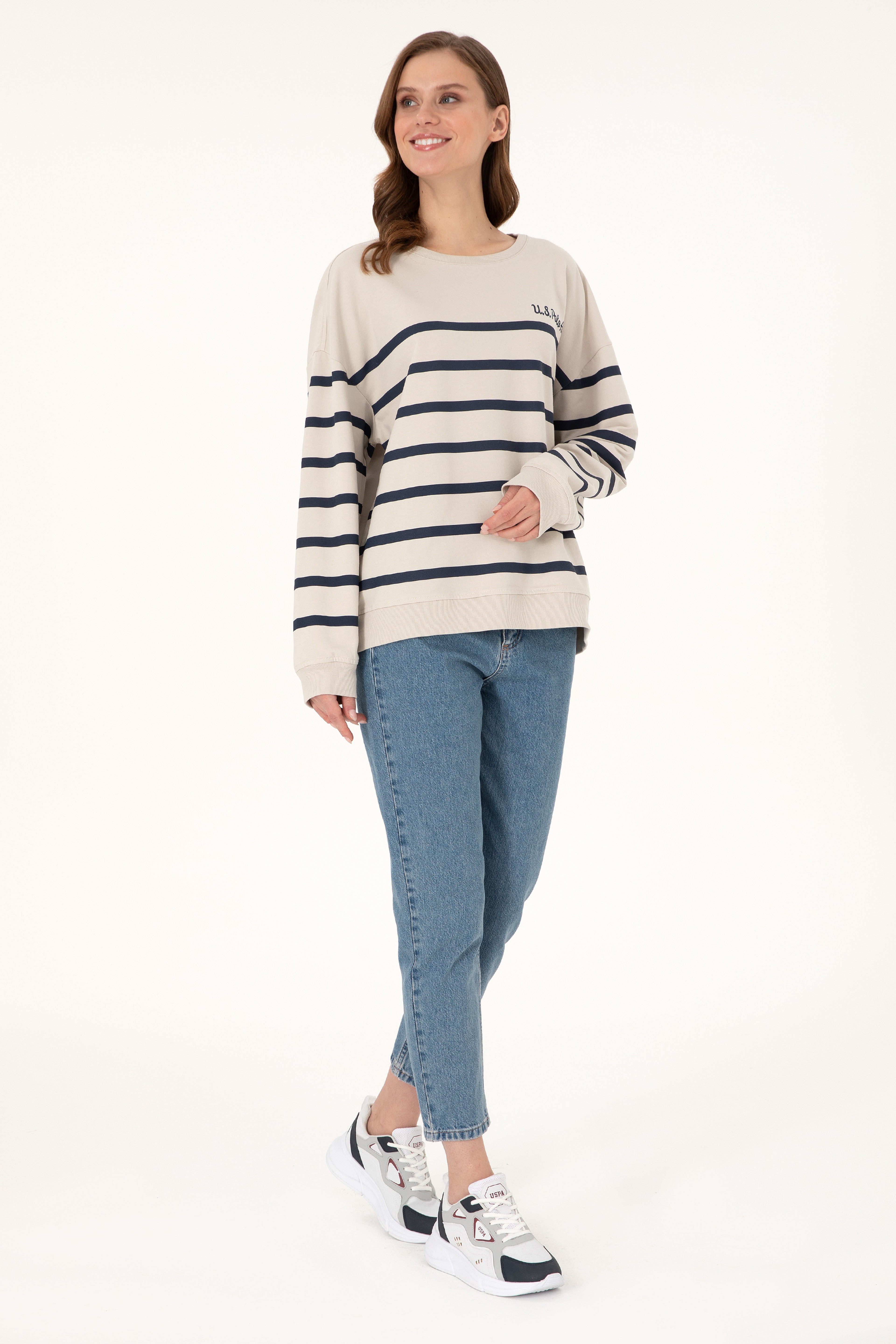 Kadın Taş Çizgili Bisiklet Yaka Sweatshirt - Image 4