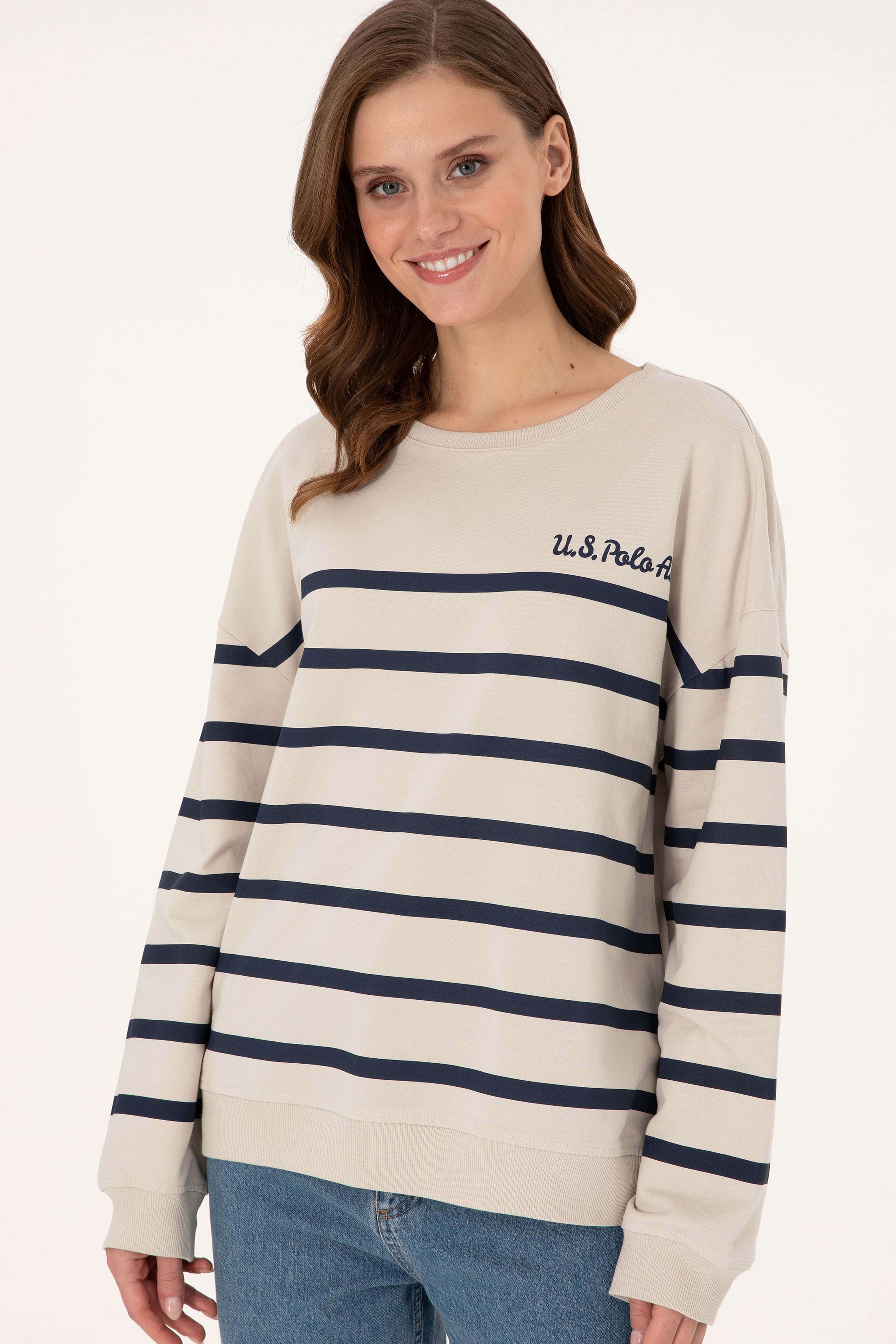 Kadın Taş Çizgili Bisiklet Yaka Sweatshirt