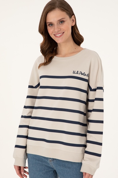 Kadın Taş Çizgili Bisiklet Yaka Sweatshirt