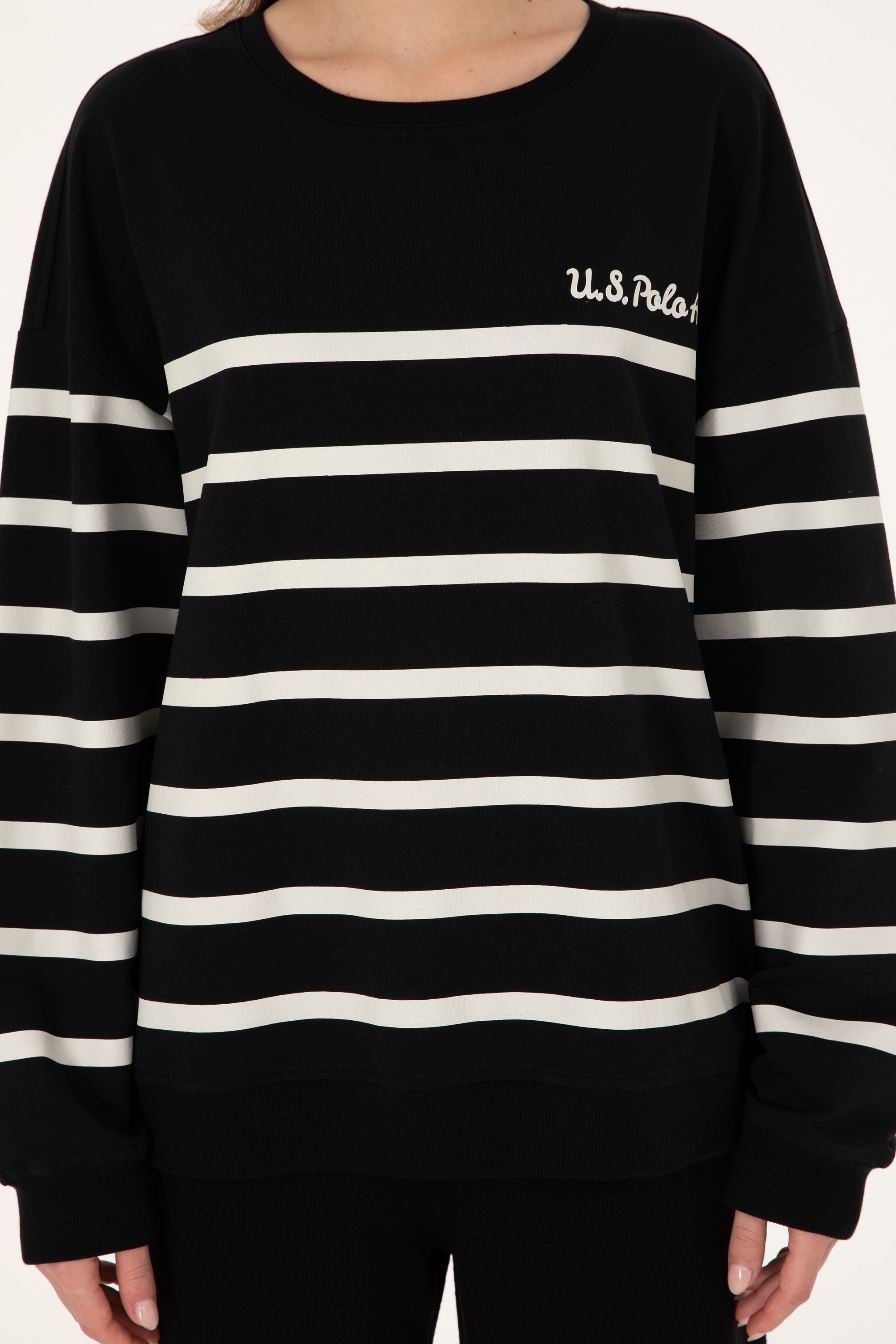 Kadın Siyah Çizgili Bisiklet Yaka Sweatshirt - Image 6