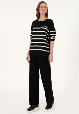 Kadın Siyah Çizgili Bisiklet Yaka Sweatshirt - 50297279013