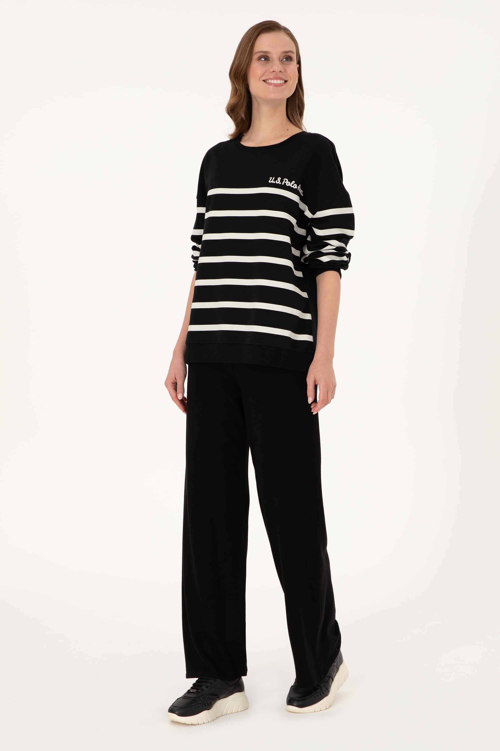 Kadın Siyah Çizgili Bisiklet Yaka Sweatshirt - Image 4