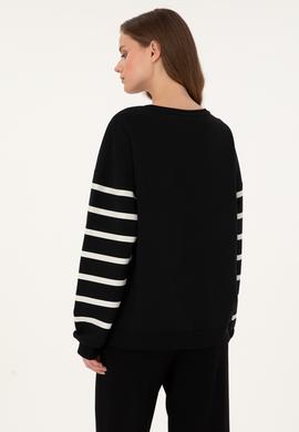 Kadın Siyah Çizgili Bisiklet Yaka Sweatshirt - 50297279013