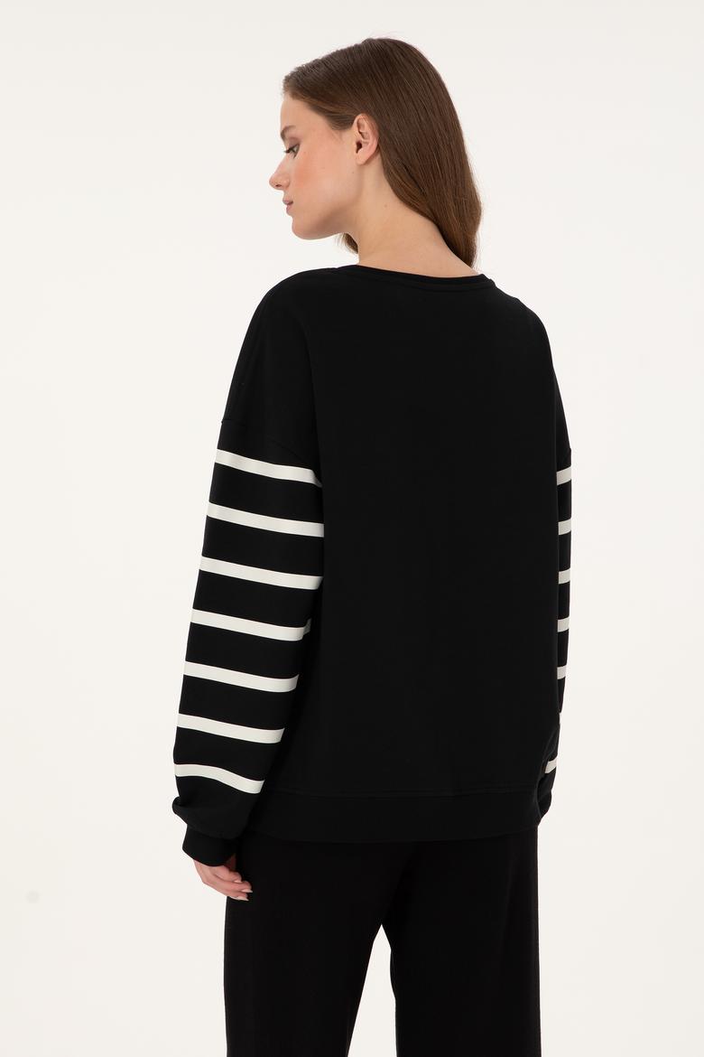 Kadın Siyah Çizgili Bisiklet Yaka Sweatshirt - 50297279013