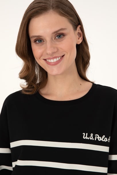 Kadın Siyah Çizgili Bisiklet Yaka Sweatshirt