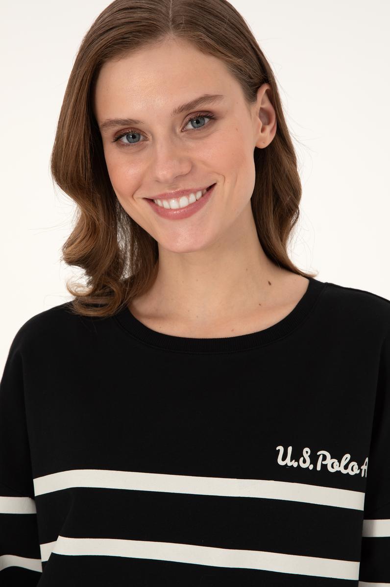 Kadın Siyah Çizgili Bisiklet Yaka Sweatshirt