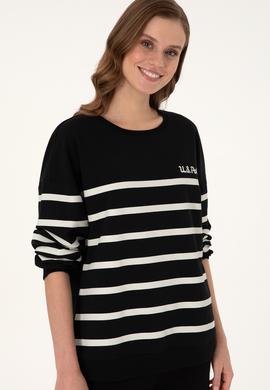 Kadın Siyah Çizgili Bisiklet Yaka Sweatshirt - 50297279013