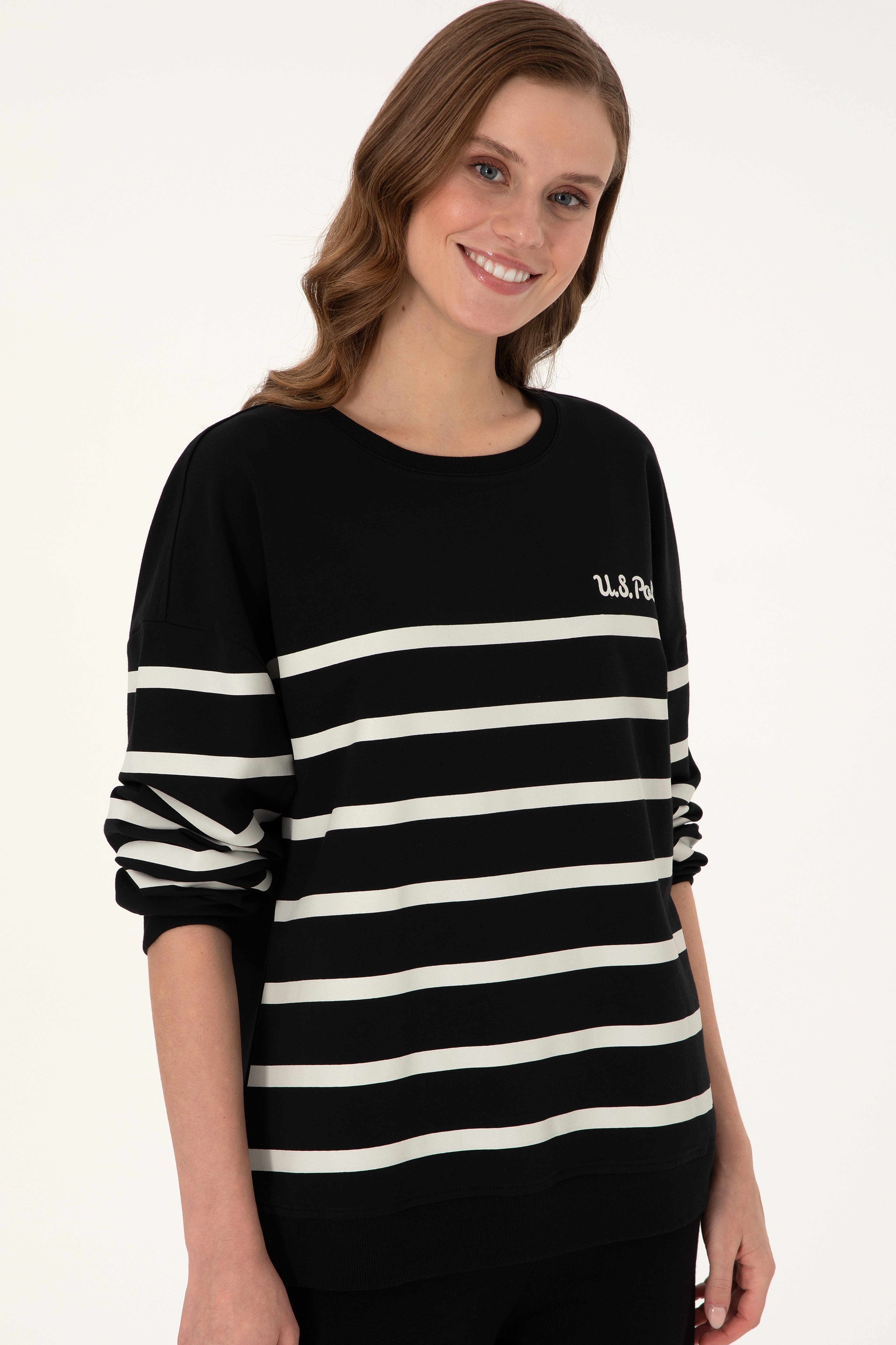 Kadın Siyah Çizgili Bisiklet Yaka Sweatshirt