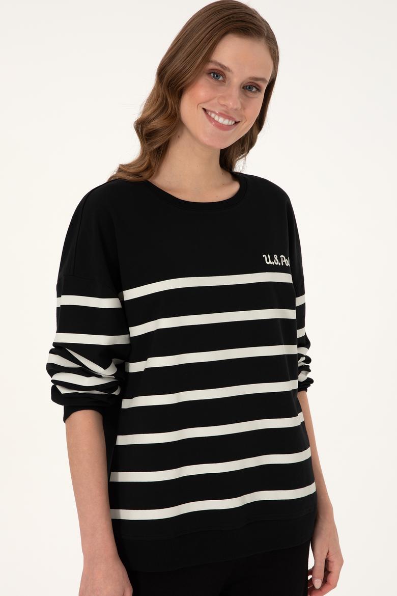 Kadın Siyah Çizgili Bisiklet Yaka Sweatshirt - 50297279013