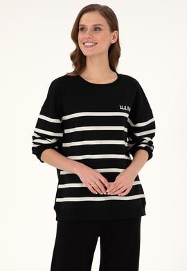 Kadın Siyah Çizgili Bisiklet Yaka Sweatshirt - 50297279013