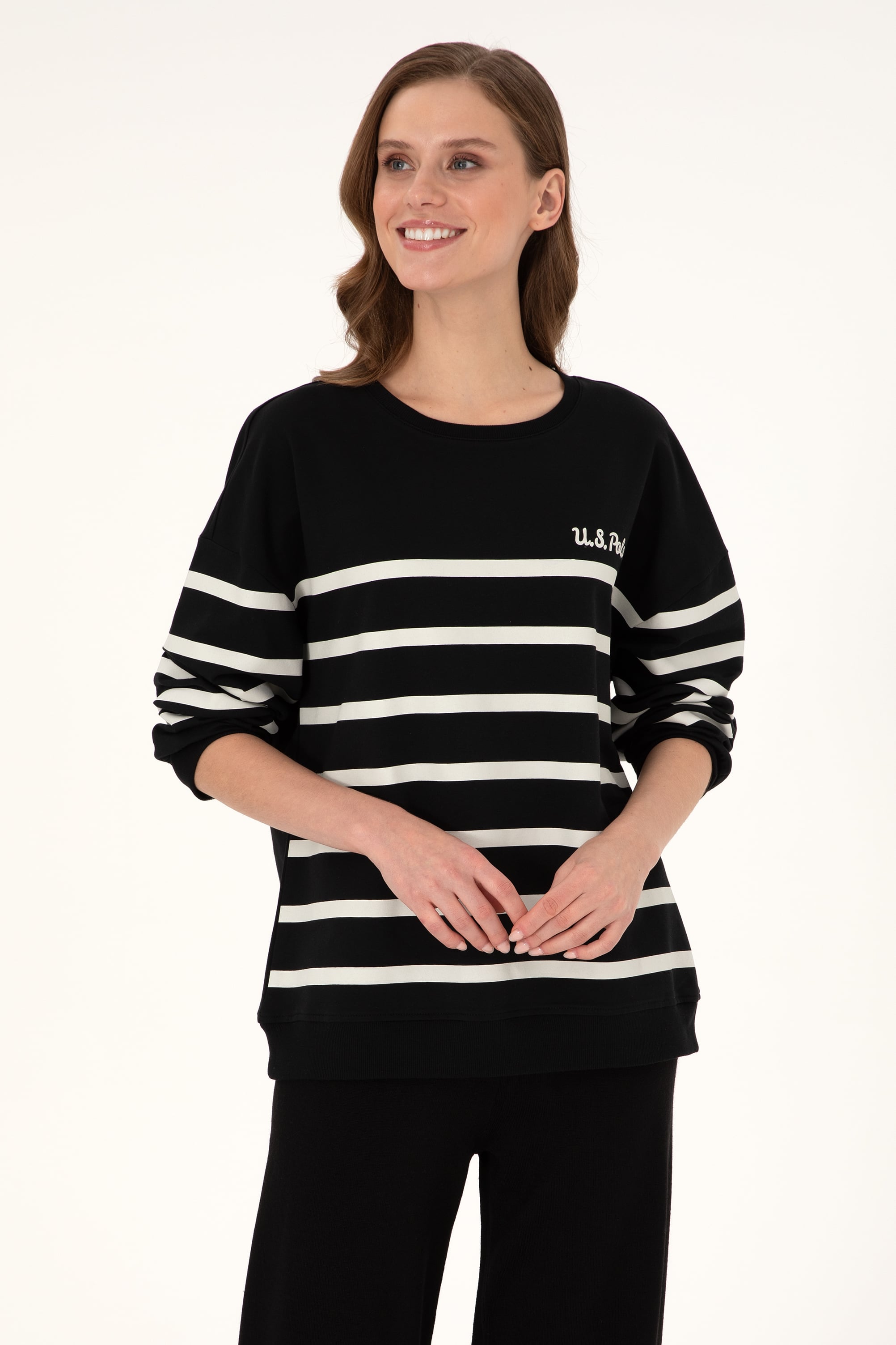Kadın Siyah Çizgili Bisiklet Yaka Sweatshirt - Image 1