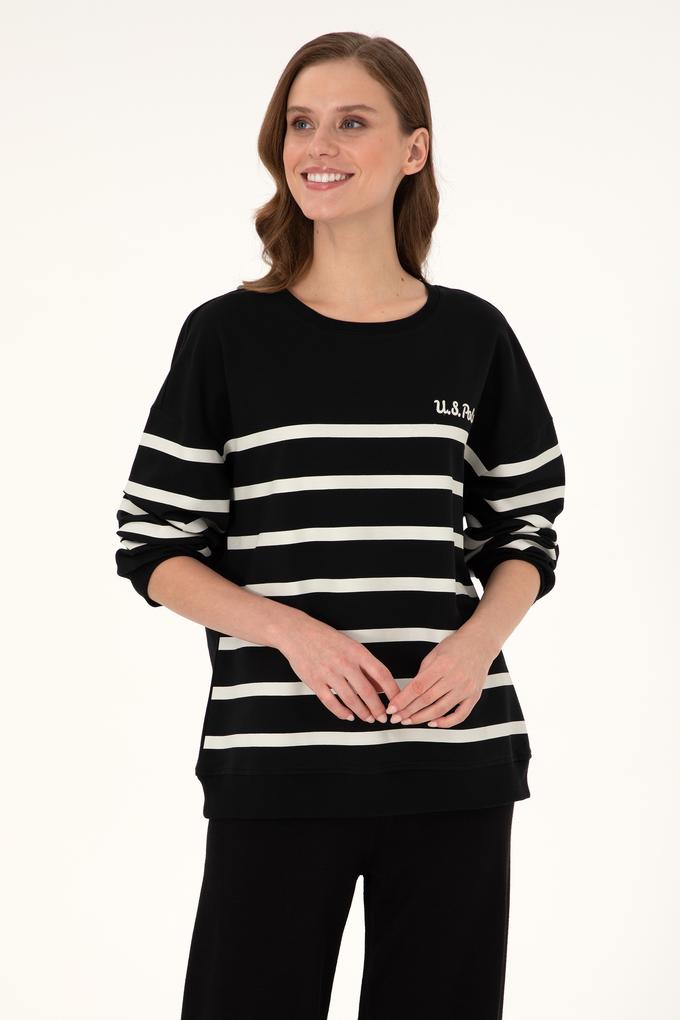 Kadın Siyah Çizgili Bisiklet Yaka Sweatshirt