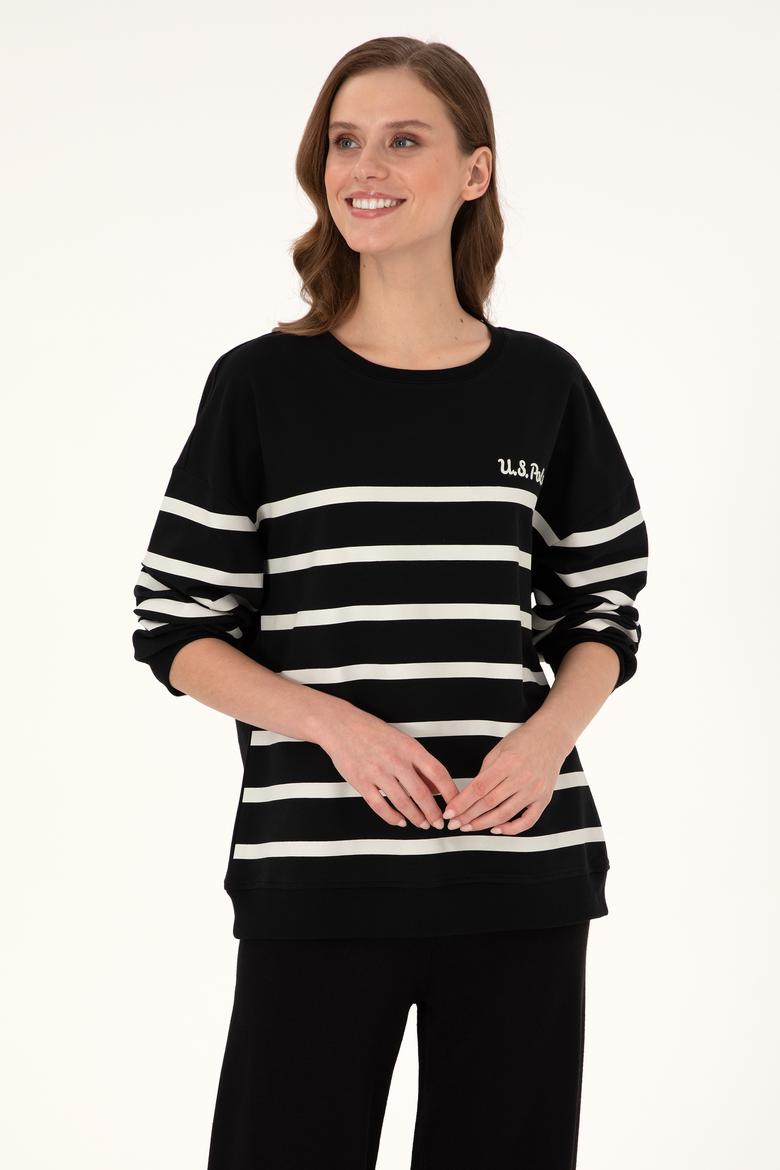 Kadın Siyah Çizgili Bisiklet Yaka Sweatshirt