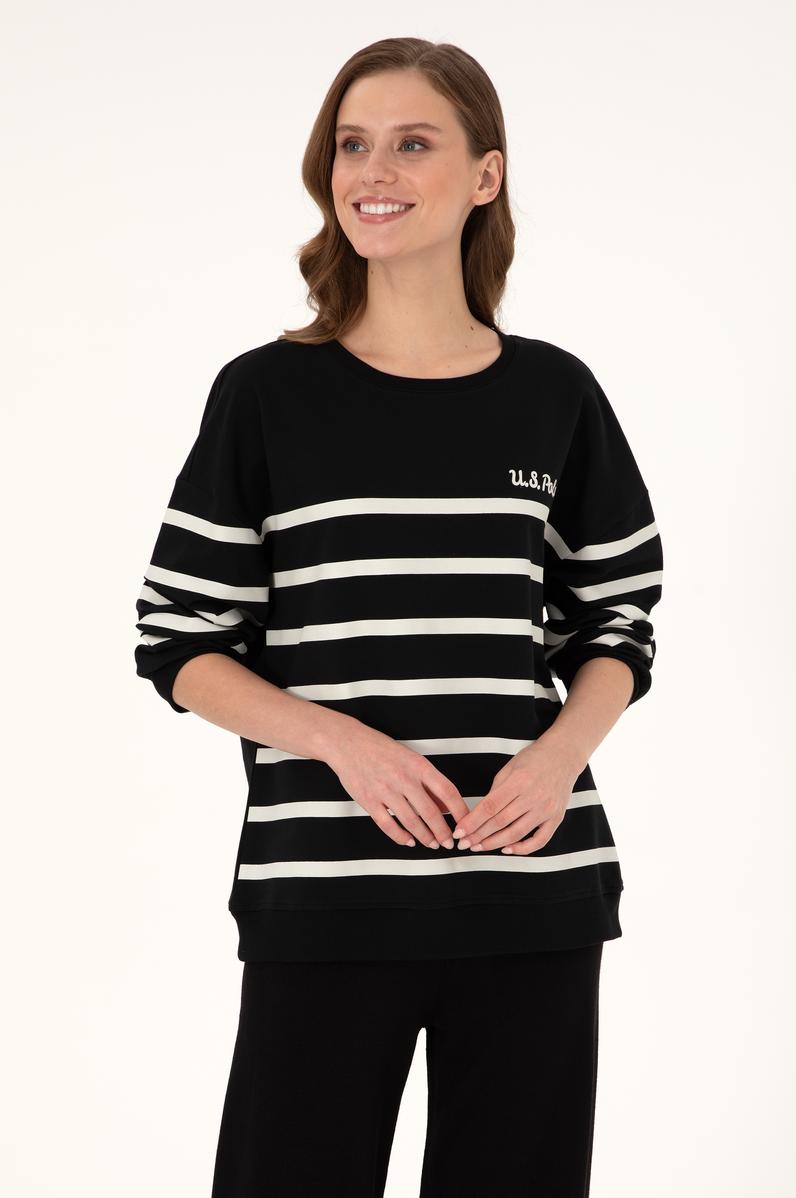 Kadın Siyah Çizgili Bisiklet Yaka Sweatshirt