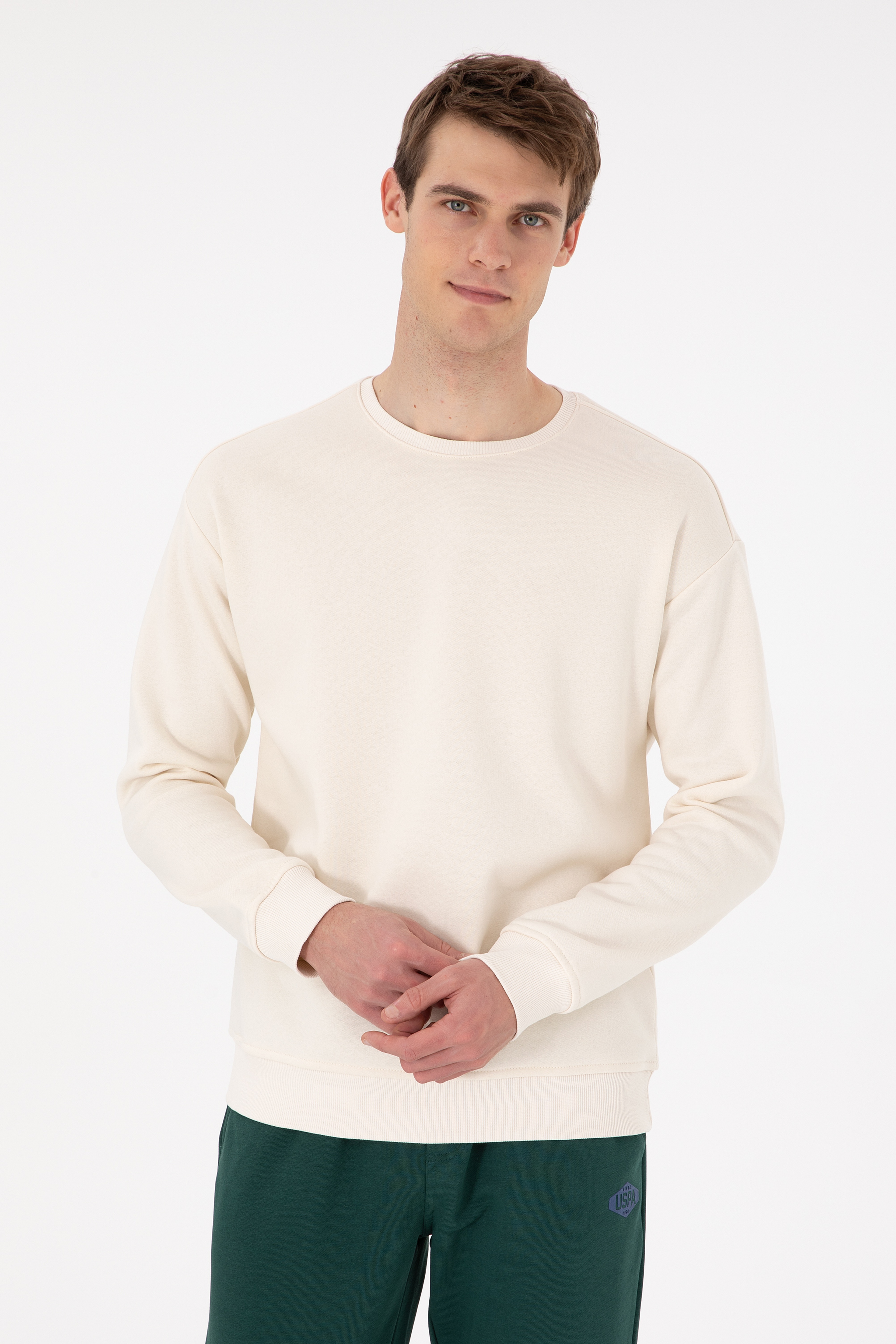 Erkek Comfort Fit Bisiklet Yaka Krem Sweatshirt - Image 1