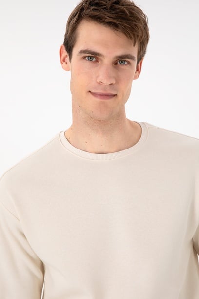 Erkek Comfort Fit Bisiklet Yaka Krem Sweatshirt