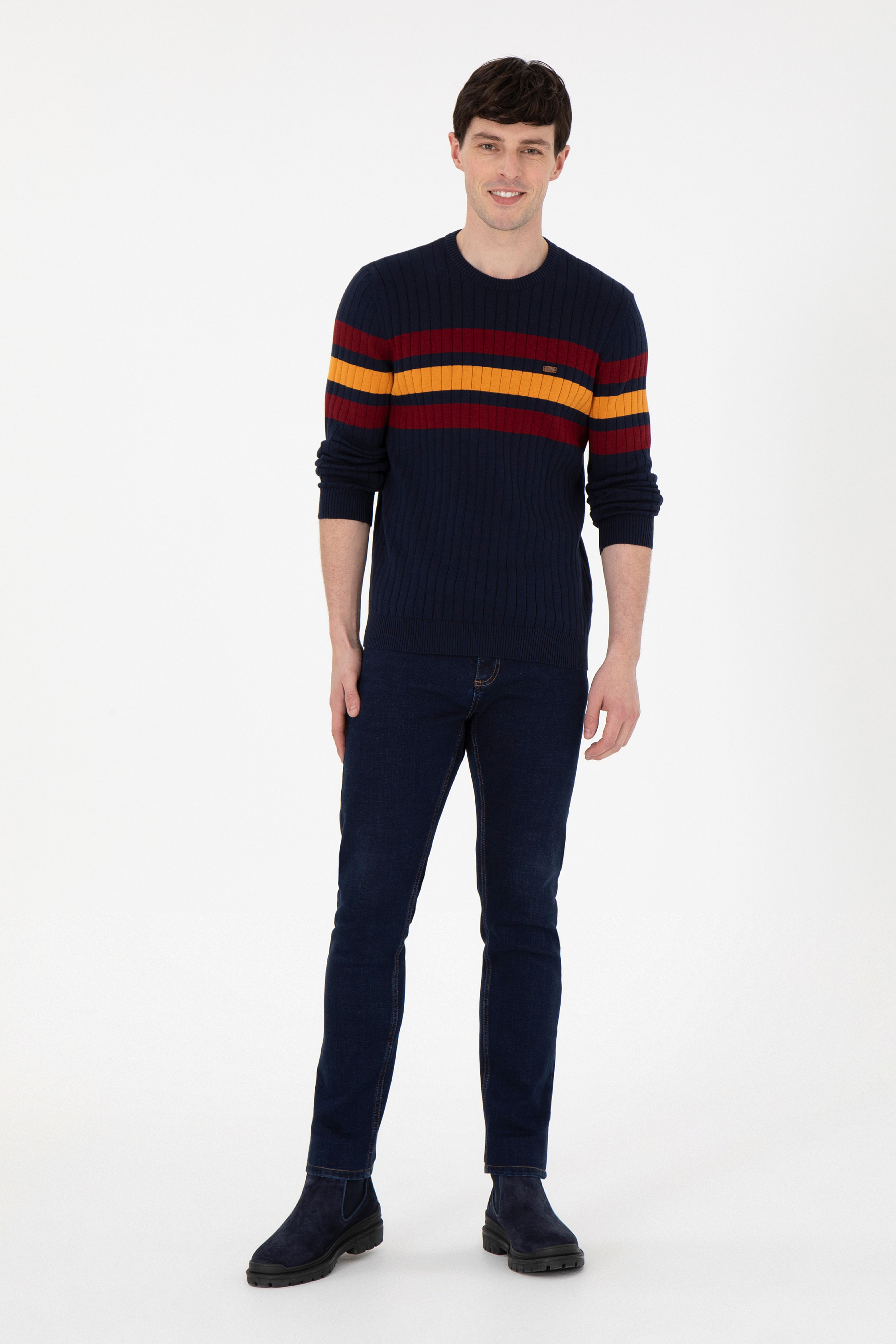 Erkek Slim Fit Bisiklet Yaka Lacivert Kazak