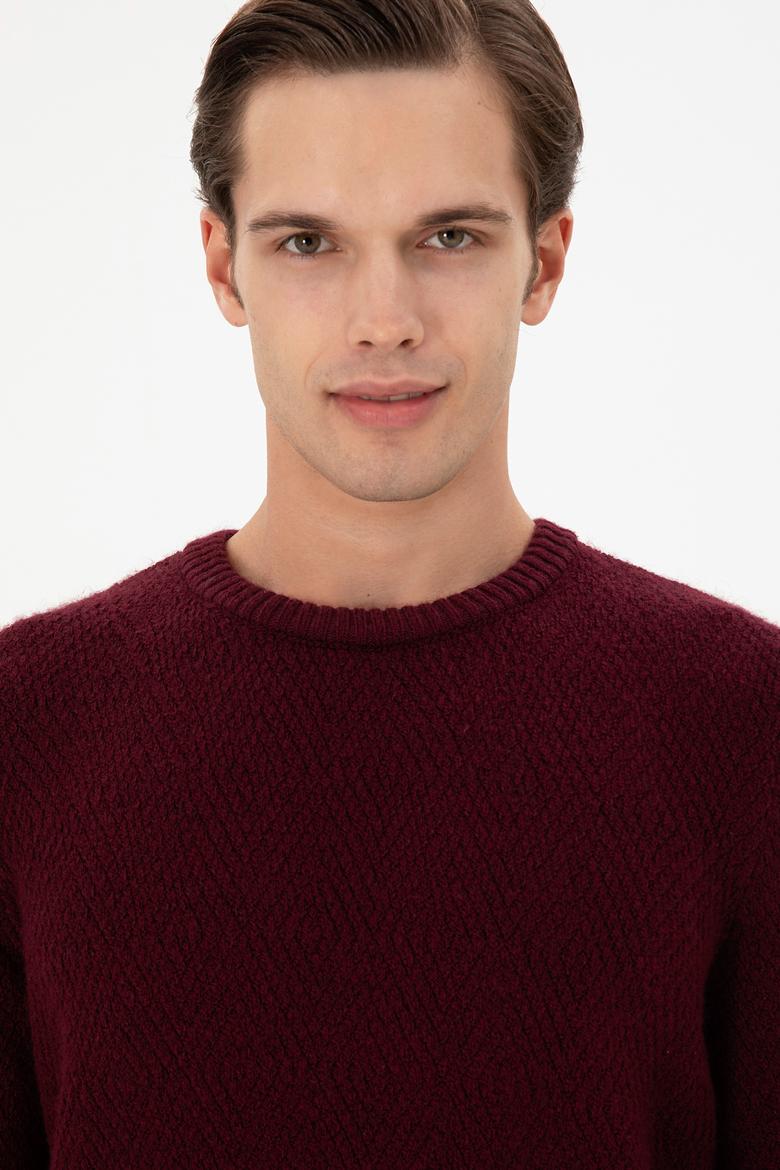 Erkek Regular Fit Bisiklet Yaka Bordo Kazak - 50297049010