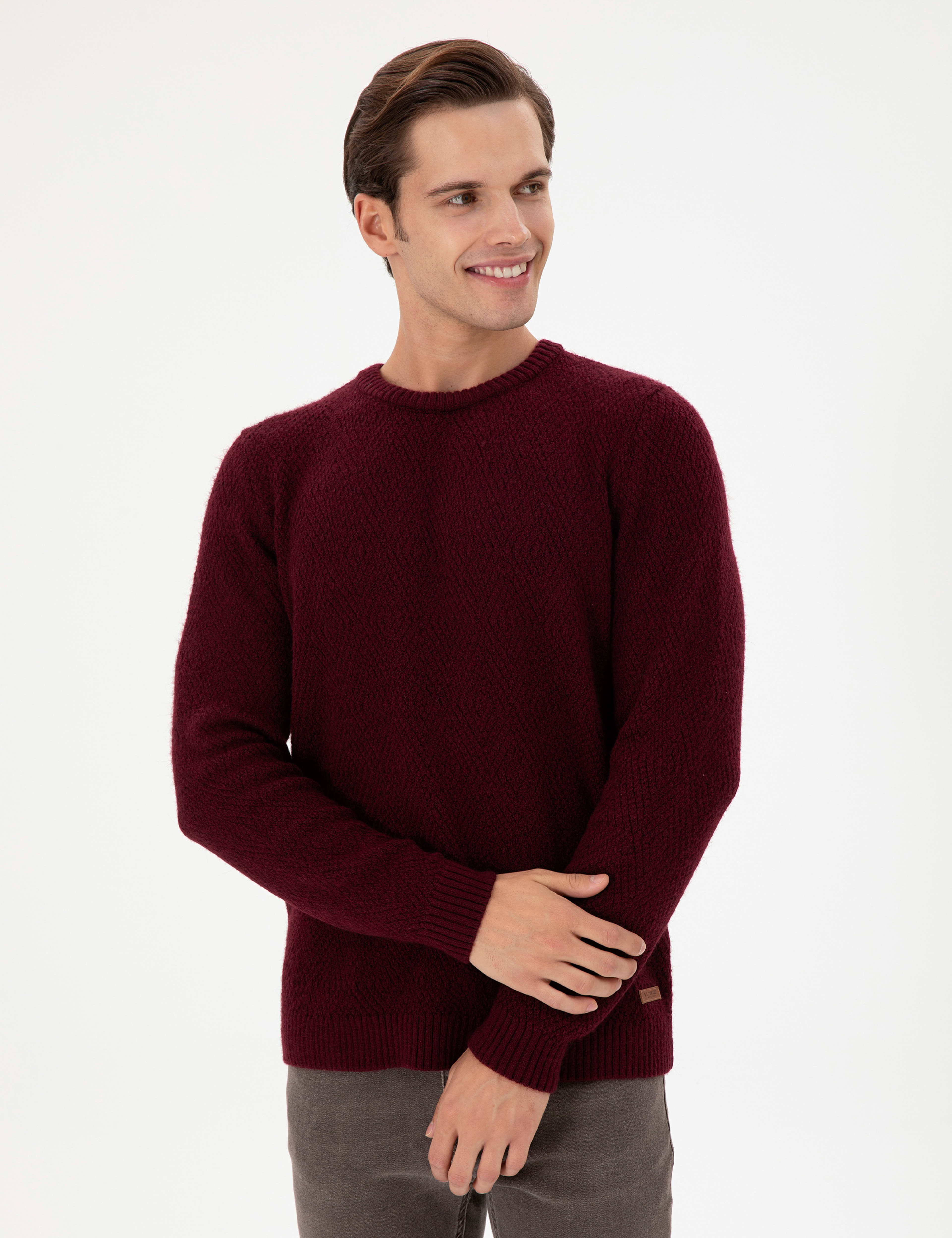 Erkek Regular Fit Bisiklet Yaka Bordo Kazak - Image 3