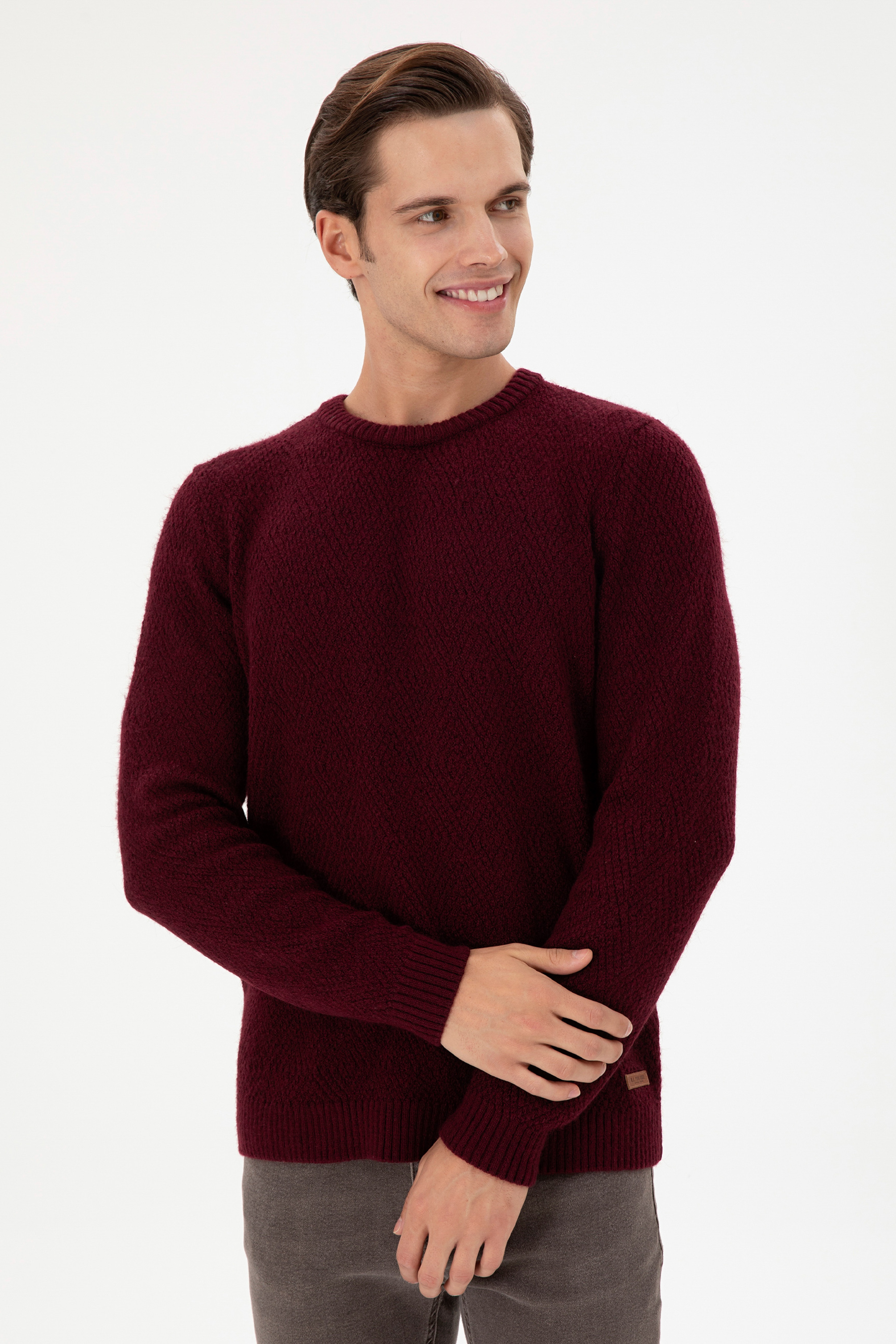 Erkek Regular Fit Bisiklet Yaka Bordo Kazak