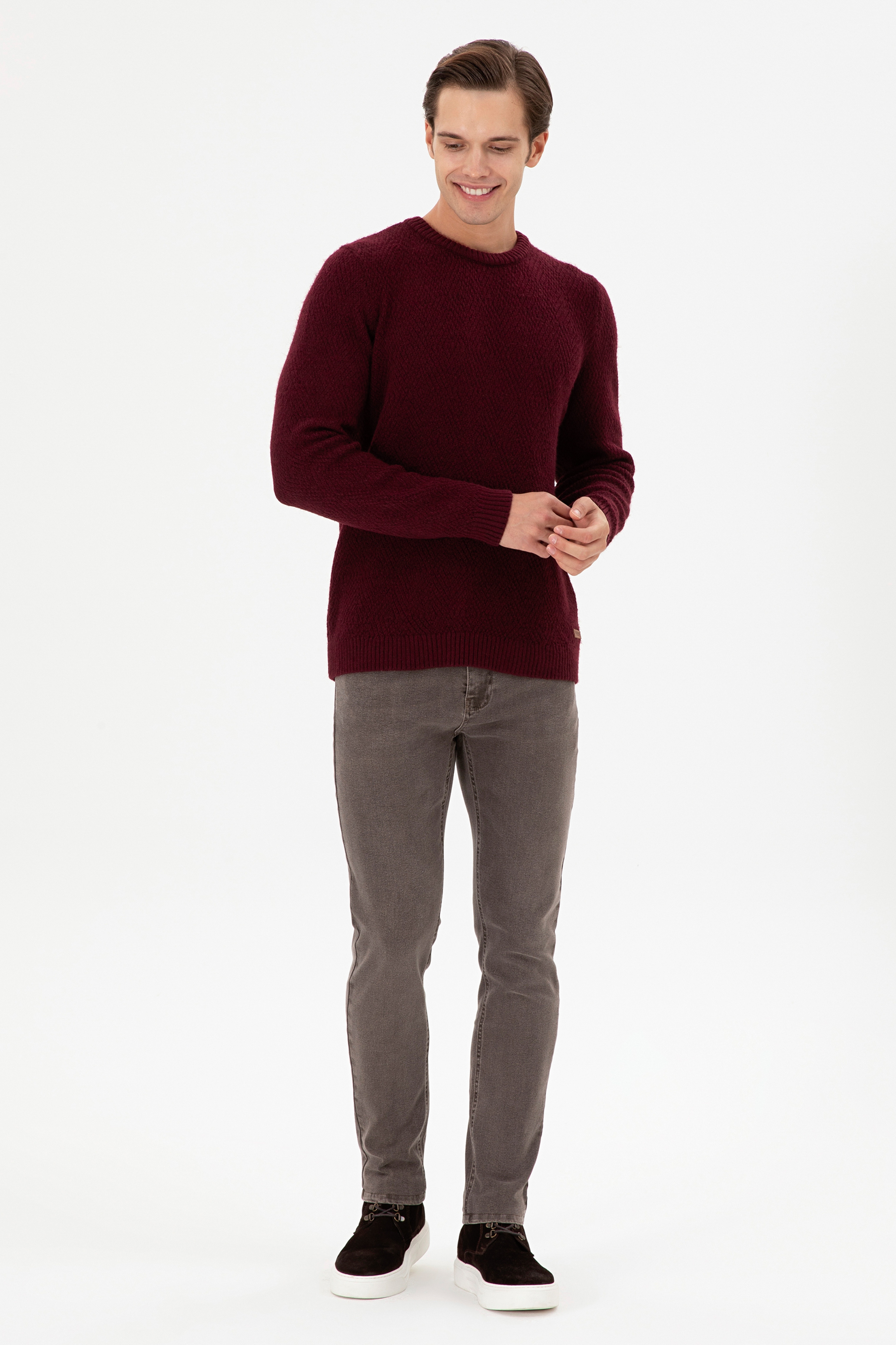 Erkek Regular Fit Bisiklet Yaka Bordo Kazak