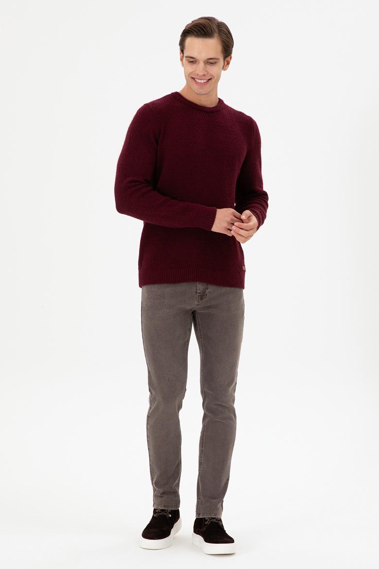 Erkek Regular Fit Bisiklet Yaka Bordo Kazak - 50297049010