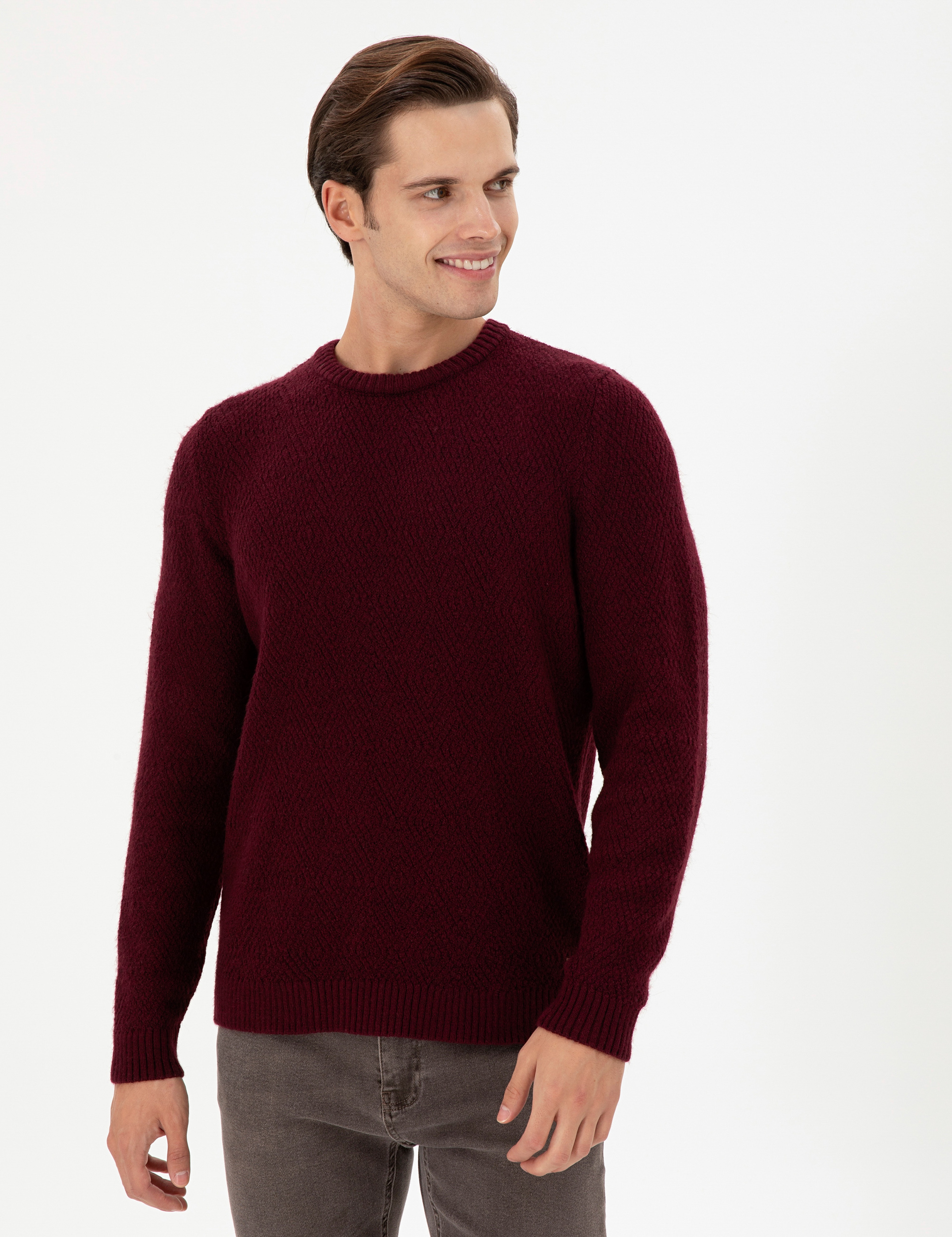 Erkek Regular Fit Bisiklet Yaka Bordo Kazak - Image 1