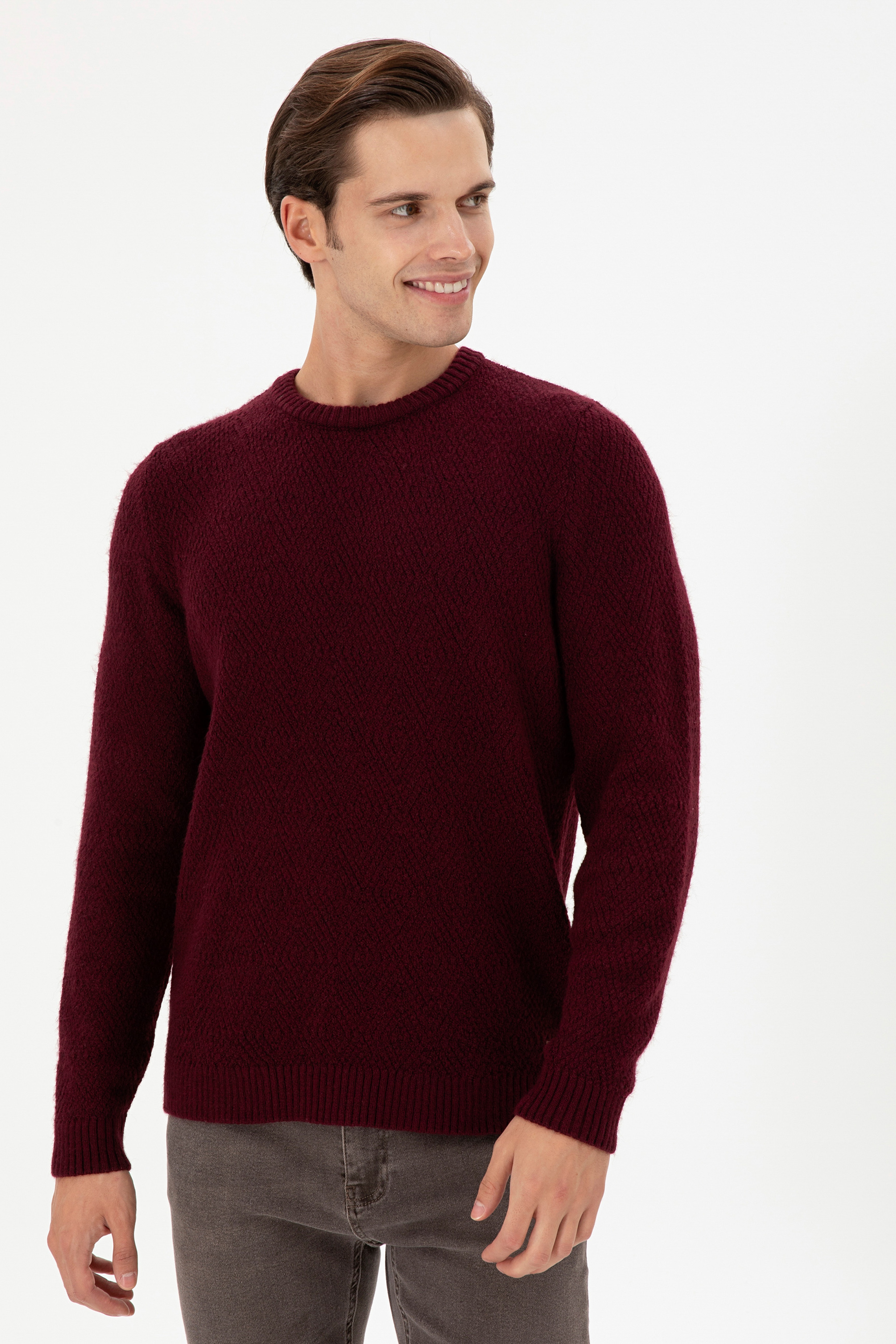 Erkek Regular Fit Bisiklet Yaka Bordo Kazak