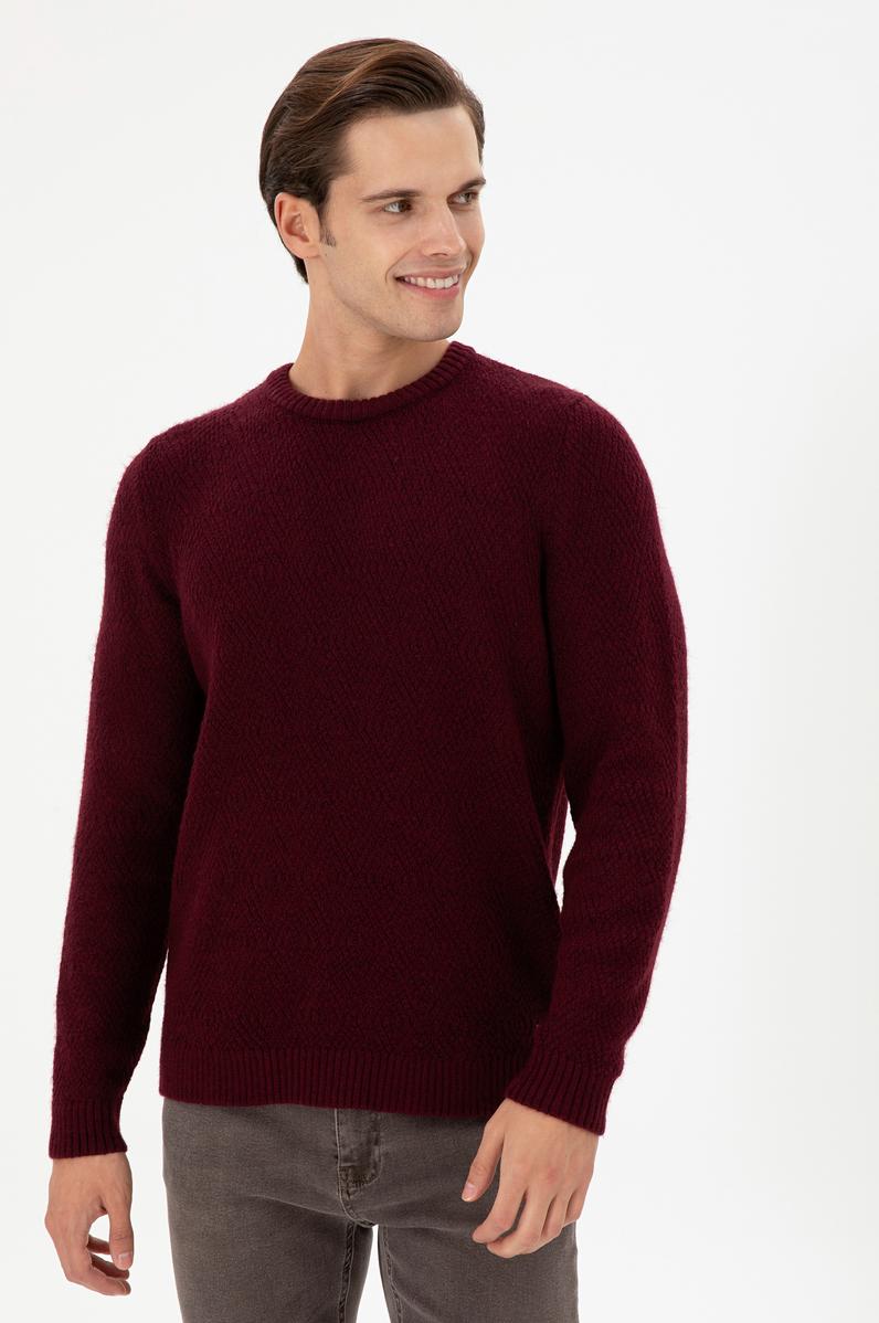 Erkek Regular Fit Bisiklet Yaka Bordo Kazak