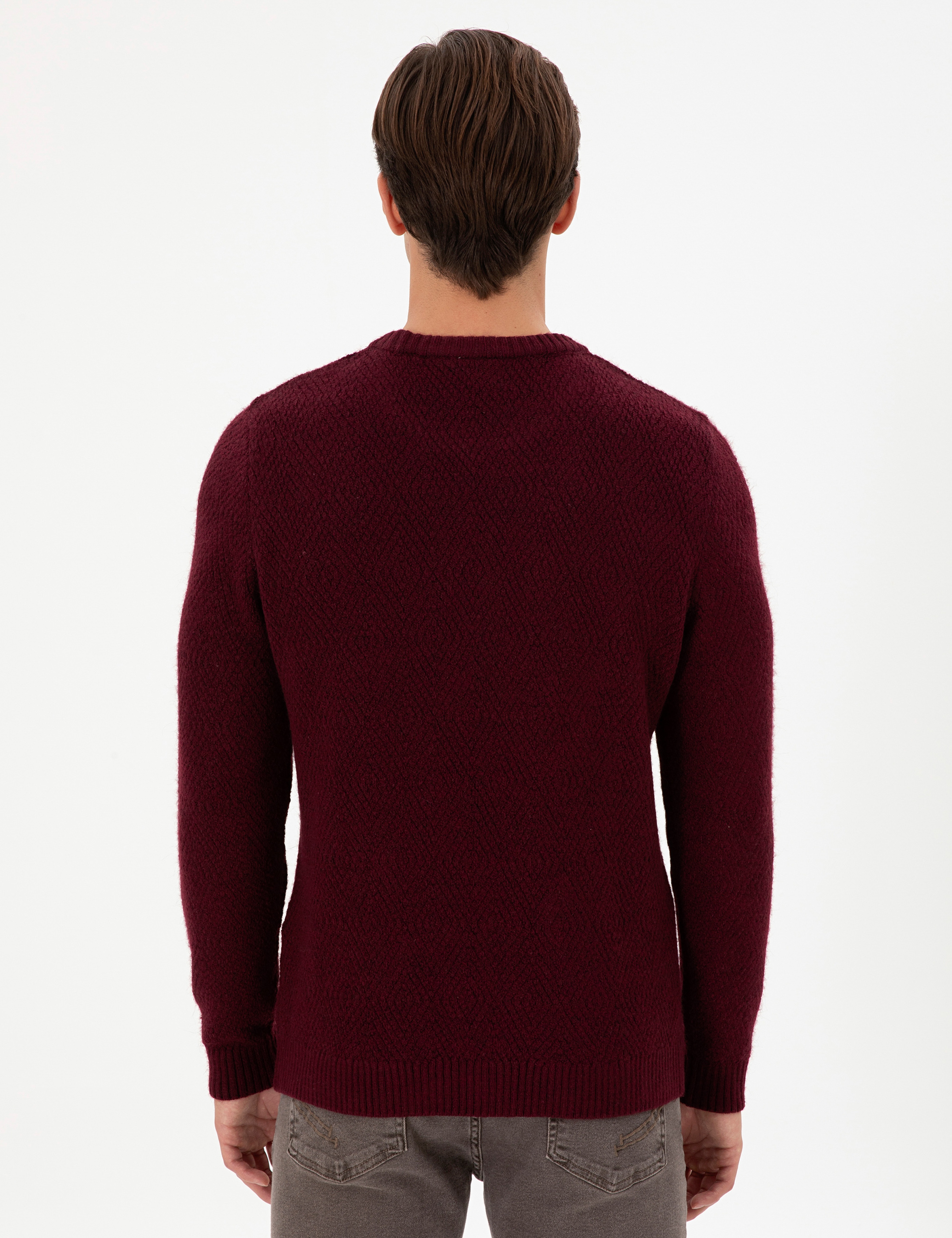 Erkek Regular Fit Bisiklet Yaka Bordo Kazak - Image 5