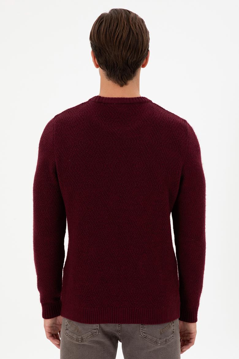 Erkek Regular Fit Bisiklet Yaka Bordo Kazak - 50297049010