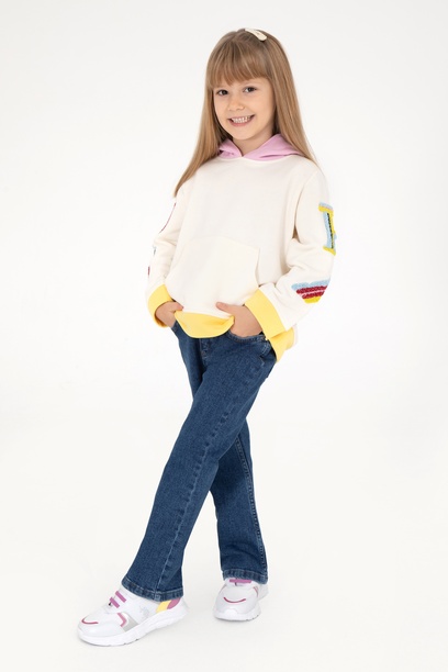 Kız Çocuk Krem Kapüşonlu Sweatshirt