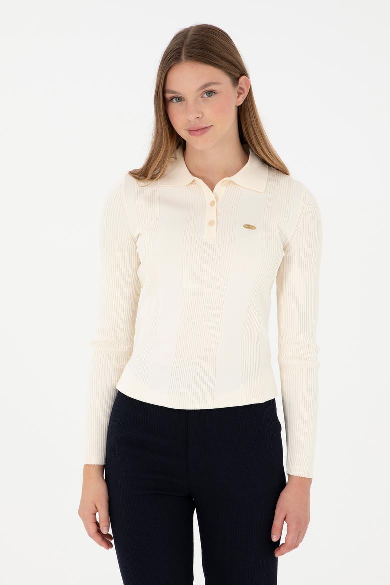 Kadın Krem Polo Yaka Kazak