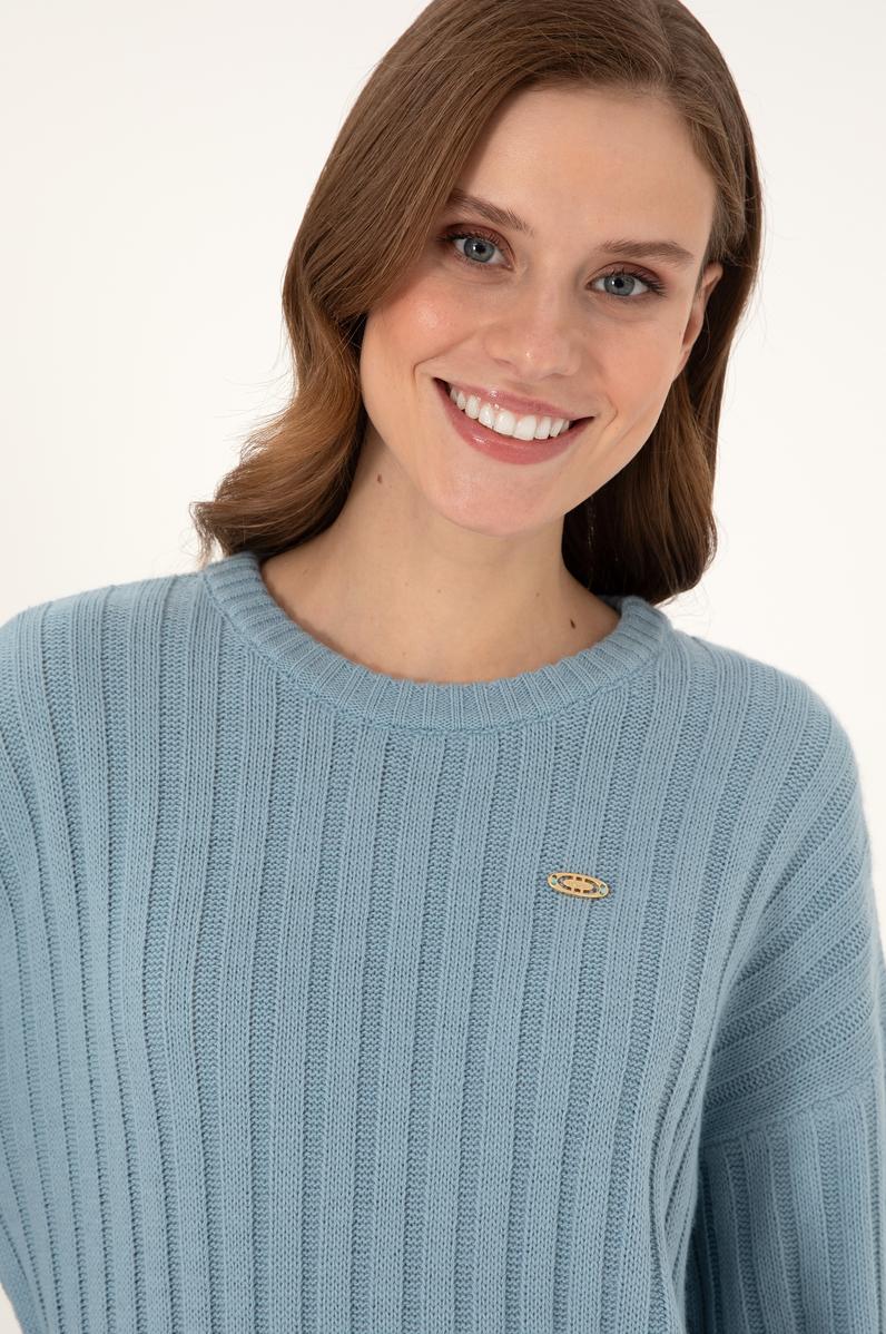 Kadın Mavi Bisiklet Yaka Kazak