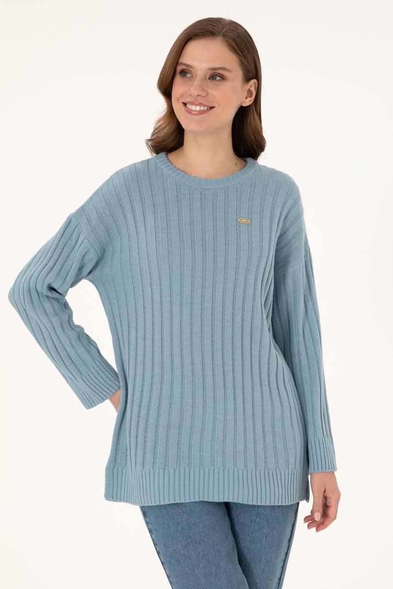 Kadın Mavi Bisiklet Yaka Kazak