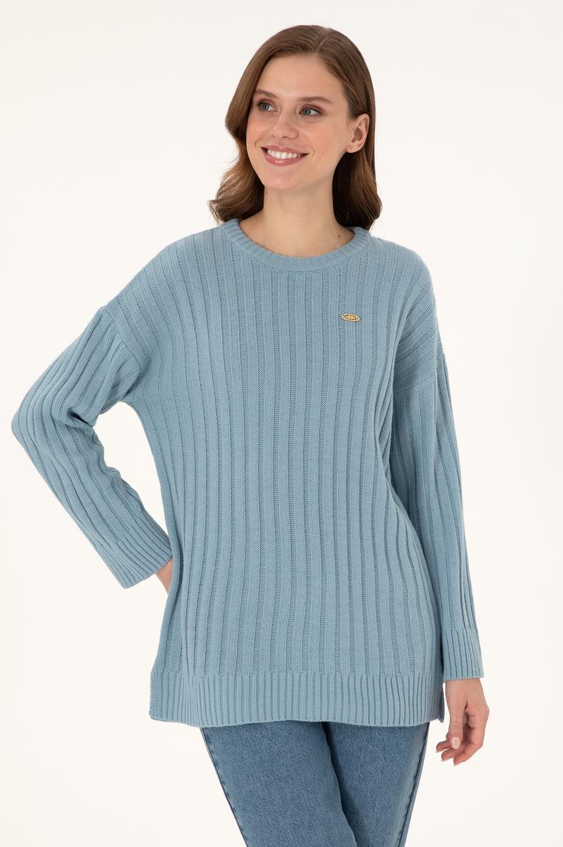 Kadın Mavi Bisiklet Yaka Kazak